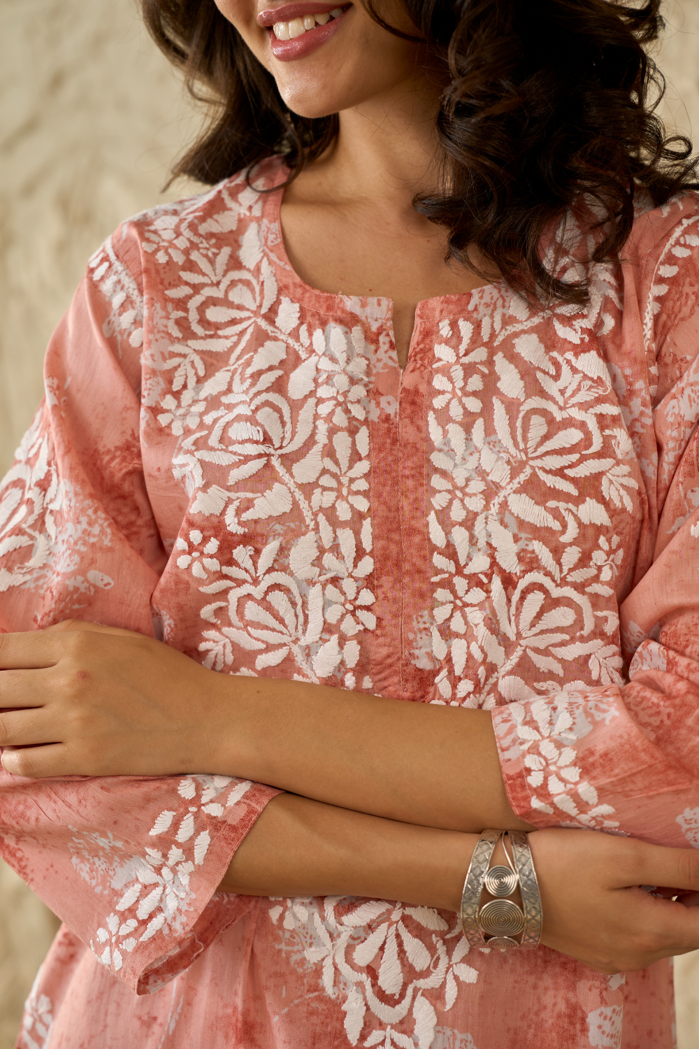 Lizi Printed Mul Cotton Chikankari Set - Peach