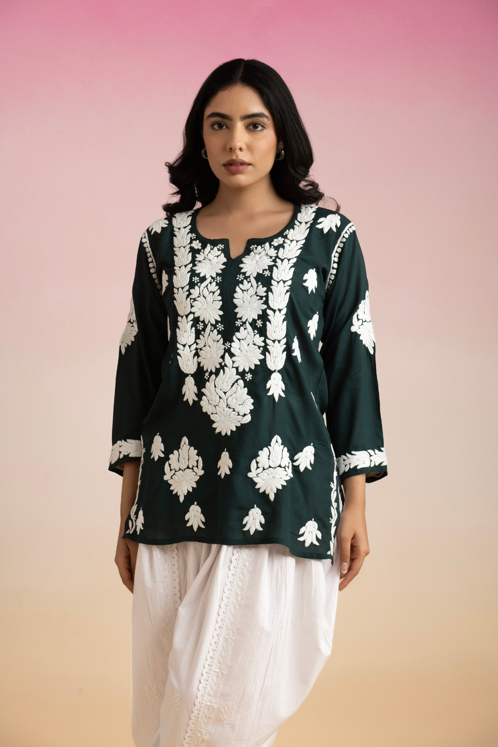 Nuri Modal Chikankari Short Top - Bottle Green