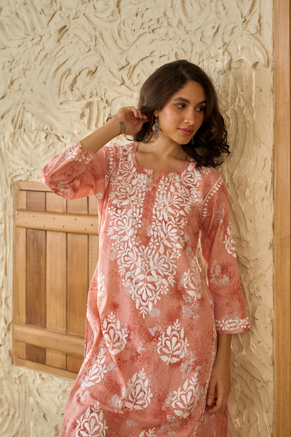 Lizi Printed Mul Cotton Chikankari Set - Peach