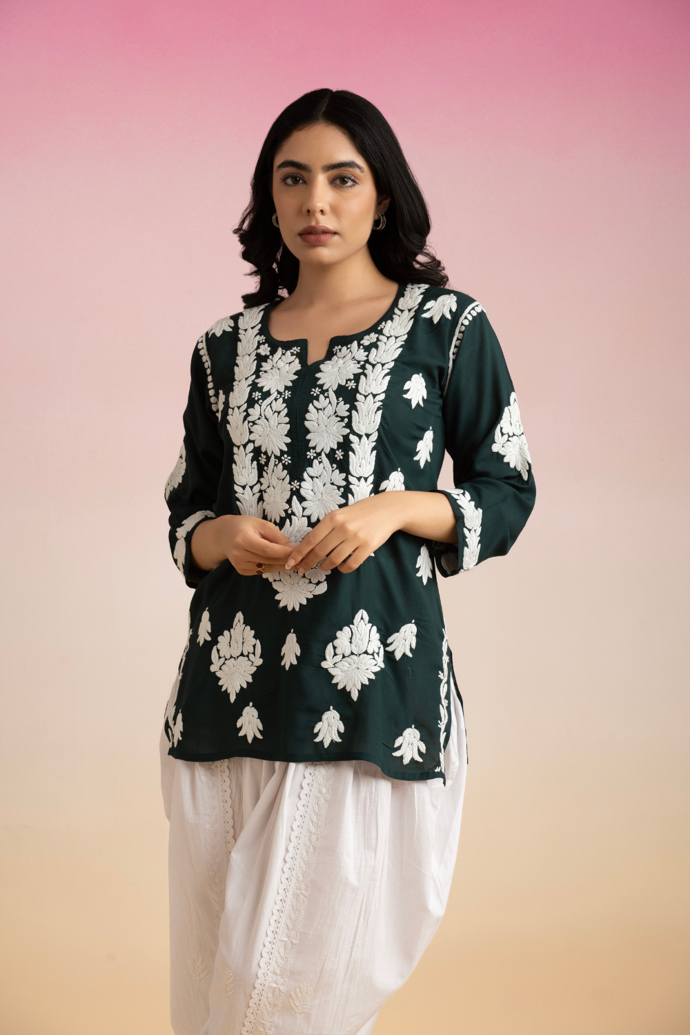 Nuri Modal Chikankari Short Top - Bottle Green