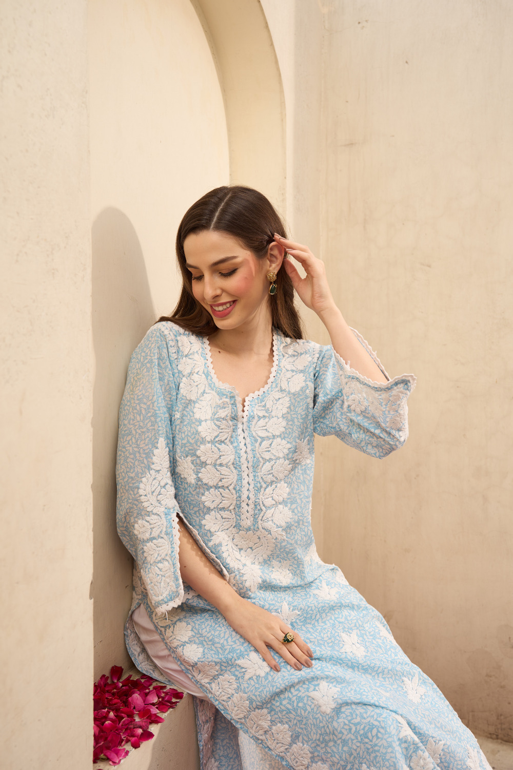 Ariz Mul Cotton Printed Chikankari Kurti - Blue