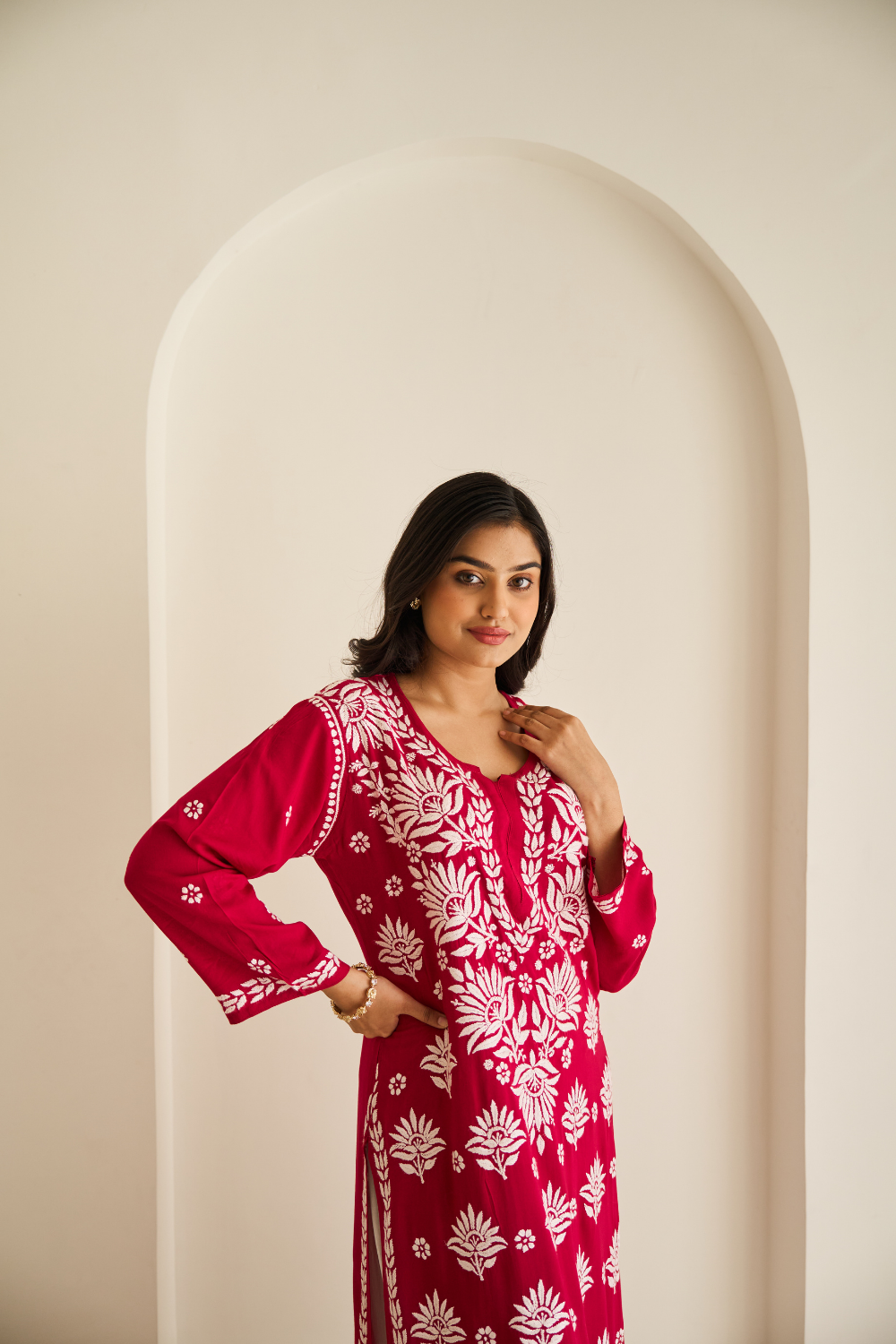 Areeba Modal Cotton Chikankari Kurti - Hot Pink