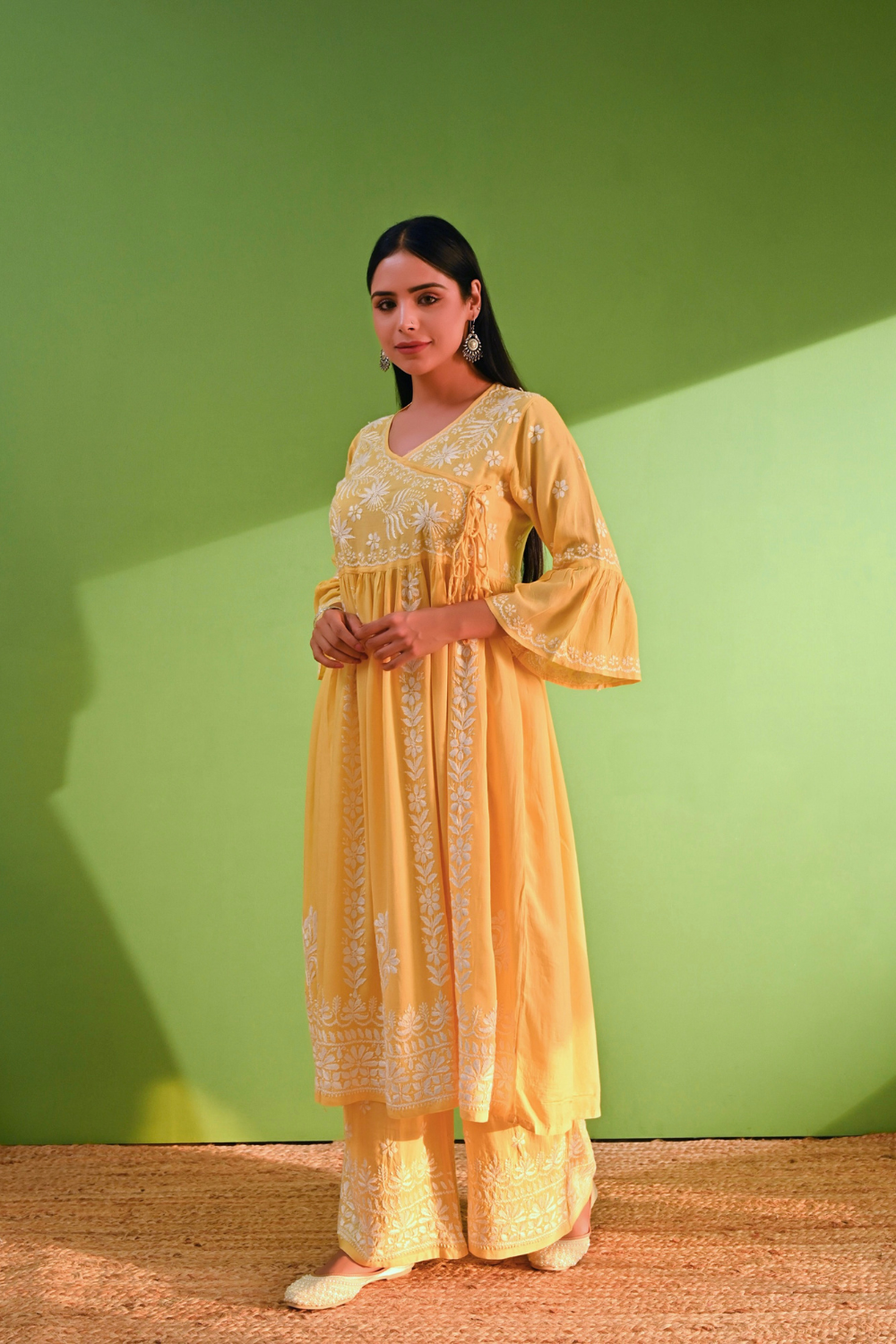 Saba Modal Cotton Chikankari Angrakha Set - Yellow