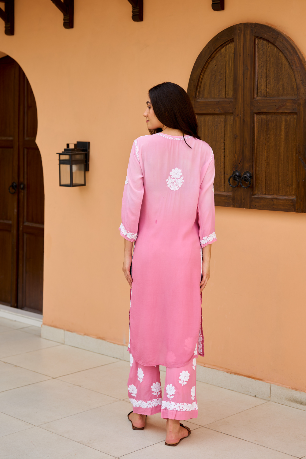 Nisha Straight Kurti Crepe Chikankari Set - Rose Pink Ombre