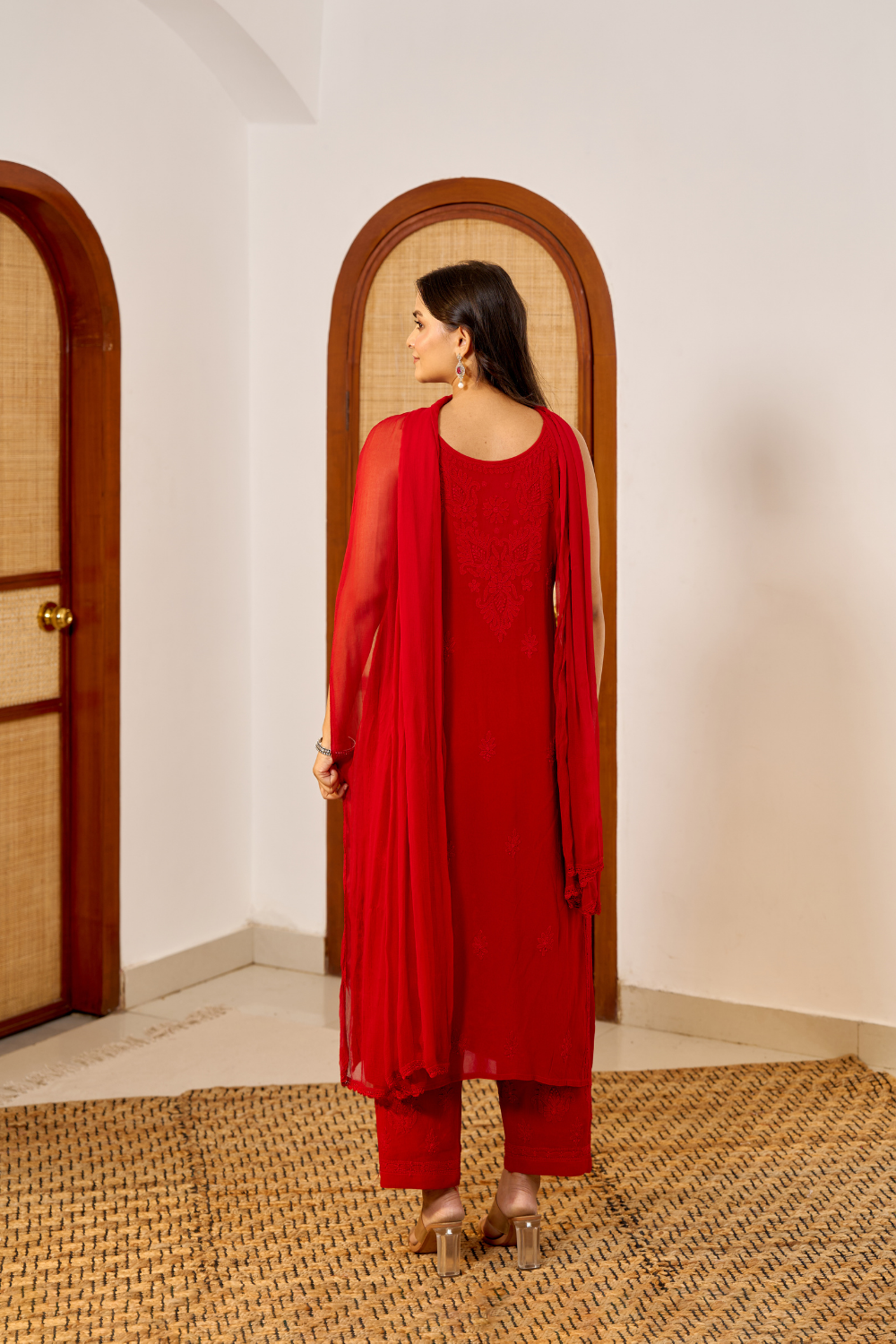 Elan Viscose Straight Kurti Chikankari Set - Red