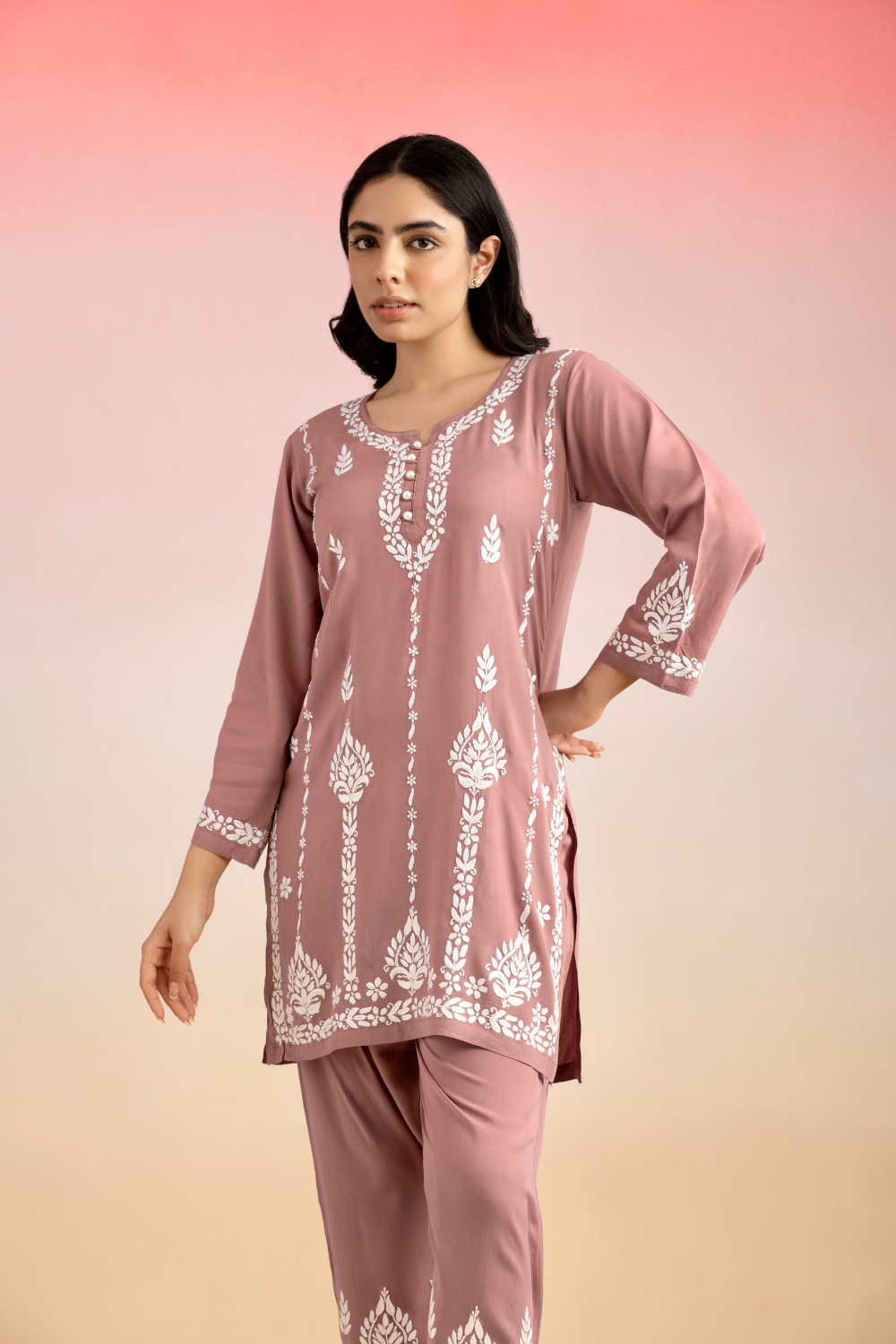 Rumi Modal Cotton Chikankari Set - Dusty Pink