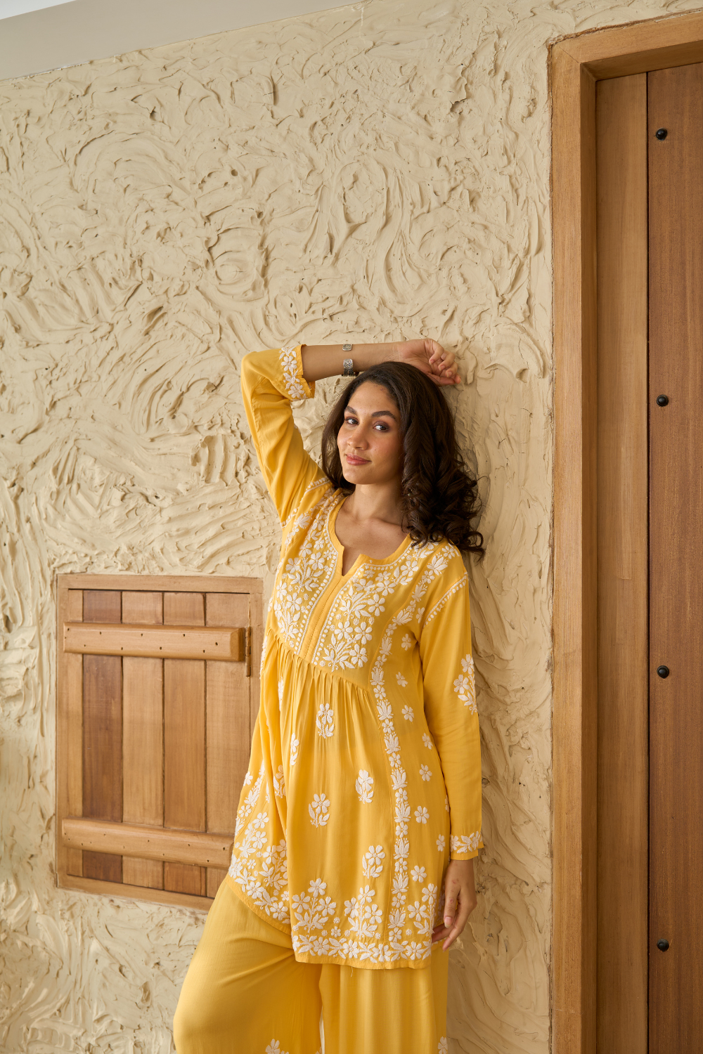 Saba Modal Cotton Chikankari Short Kurti Set - Yellow