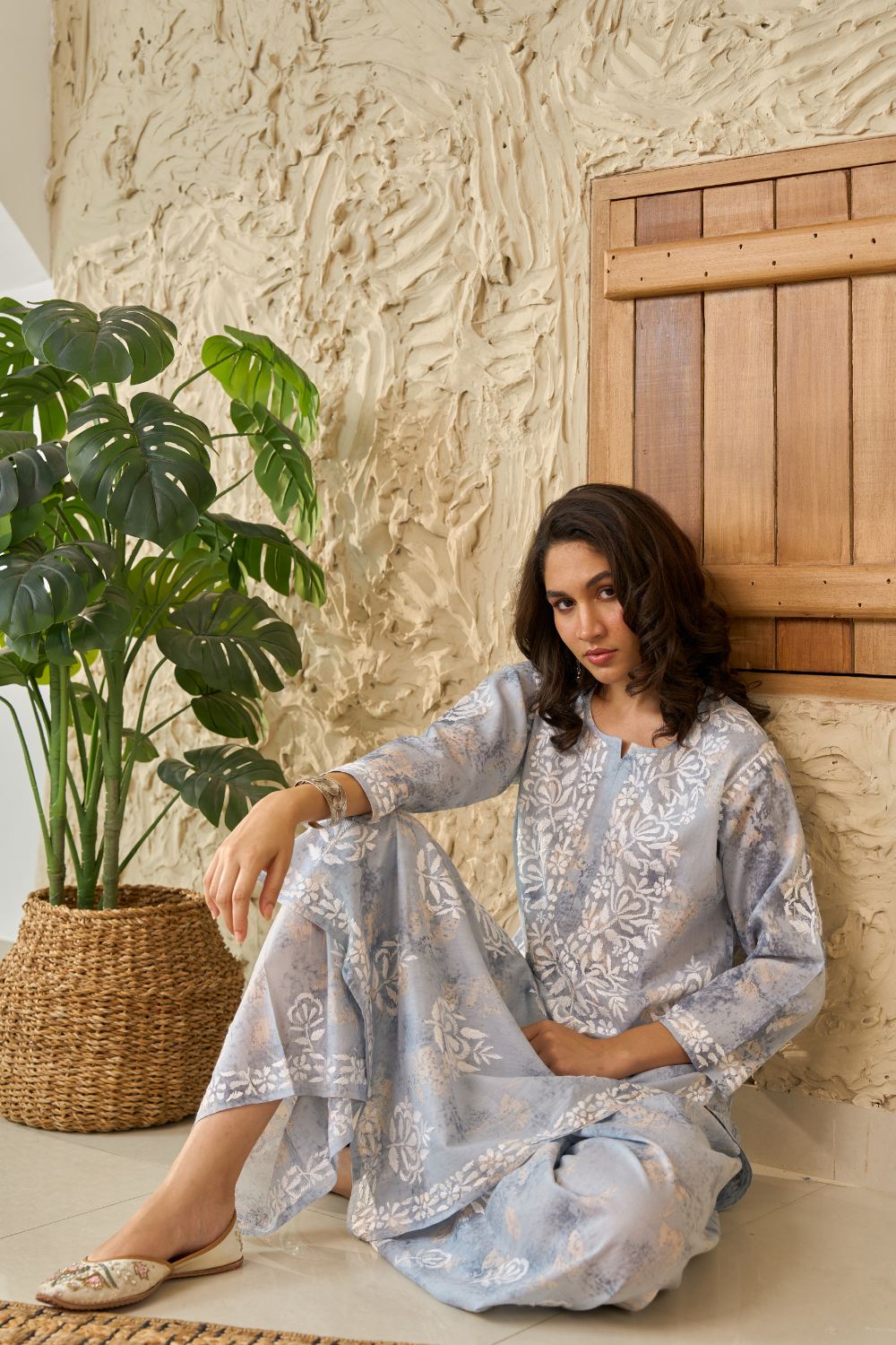 Lizi Printed Mul Cotton Chikankari Set - Light Blue