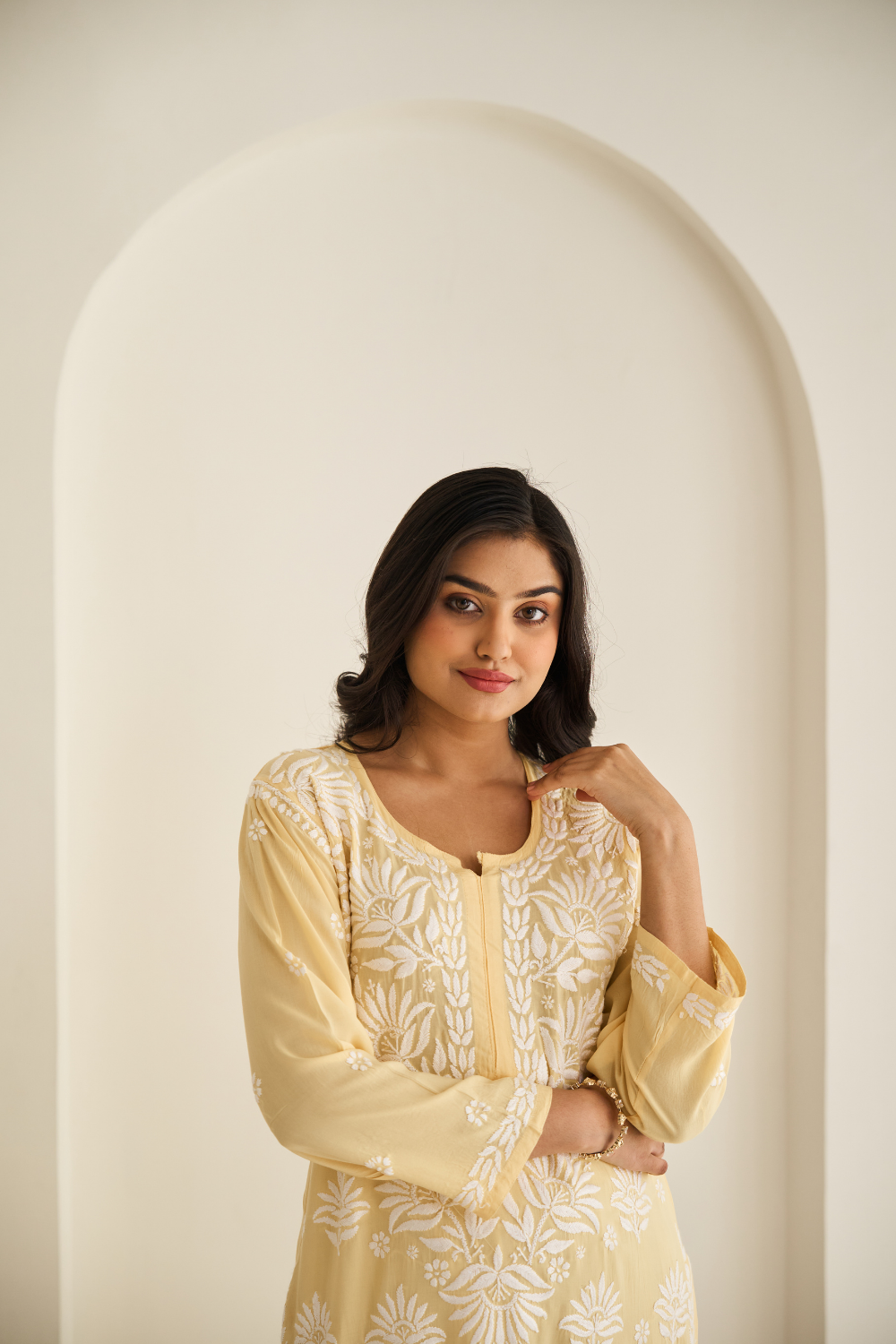 Areeba Modal Cotton Chikankari Kurti - Yellow