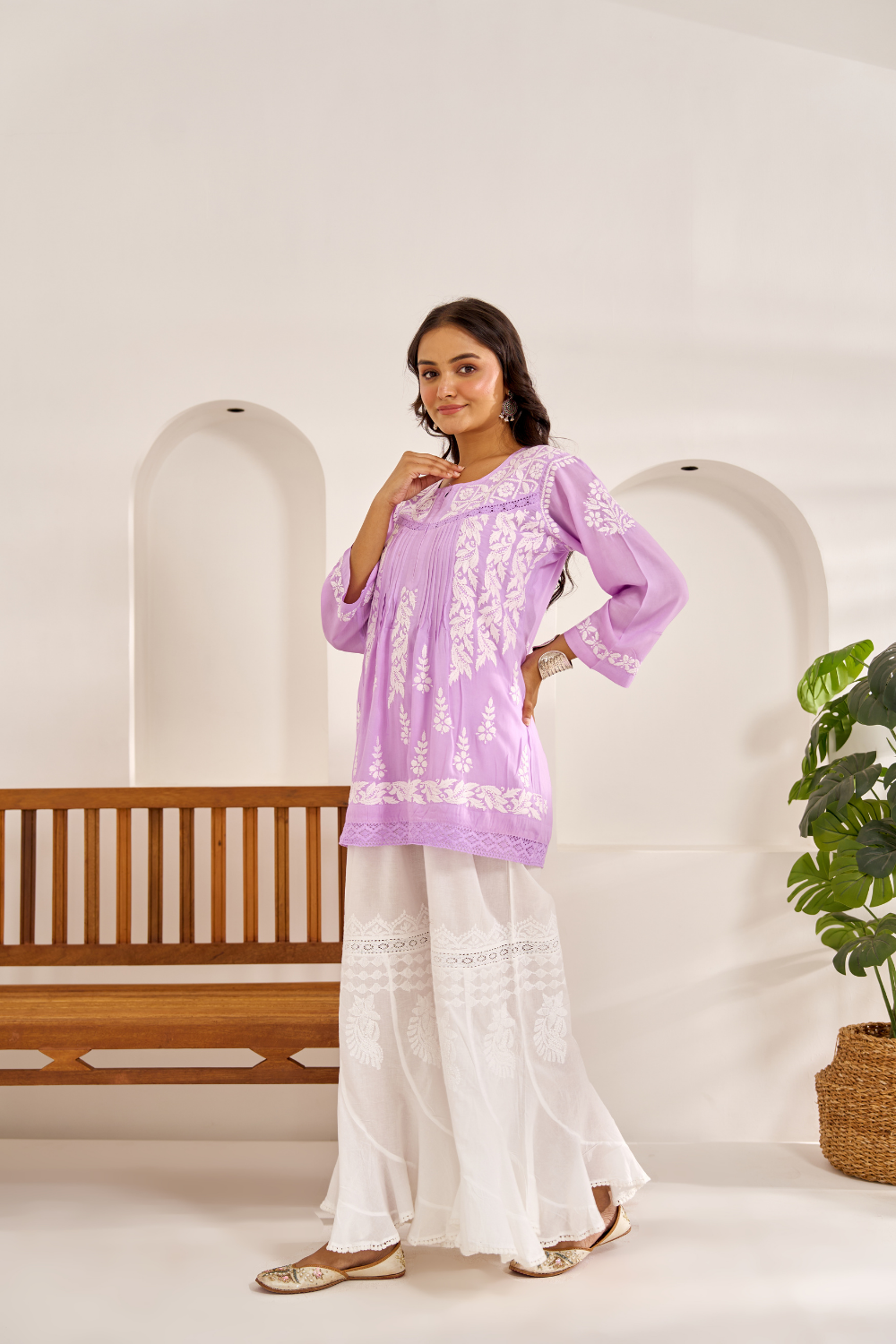 Adara Modal Cotton Chikankari Lace Short Top - Lavender