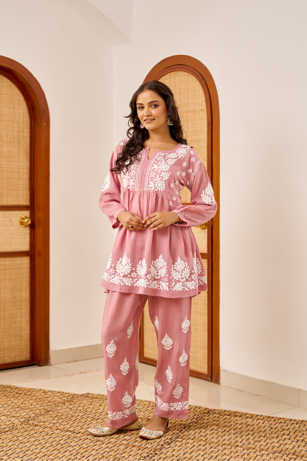 Rubaab Modal Cotton Chikankari Set - Rose Pink