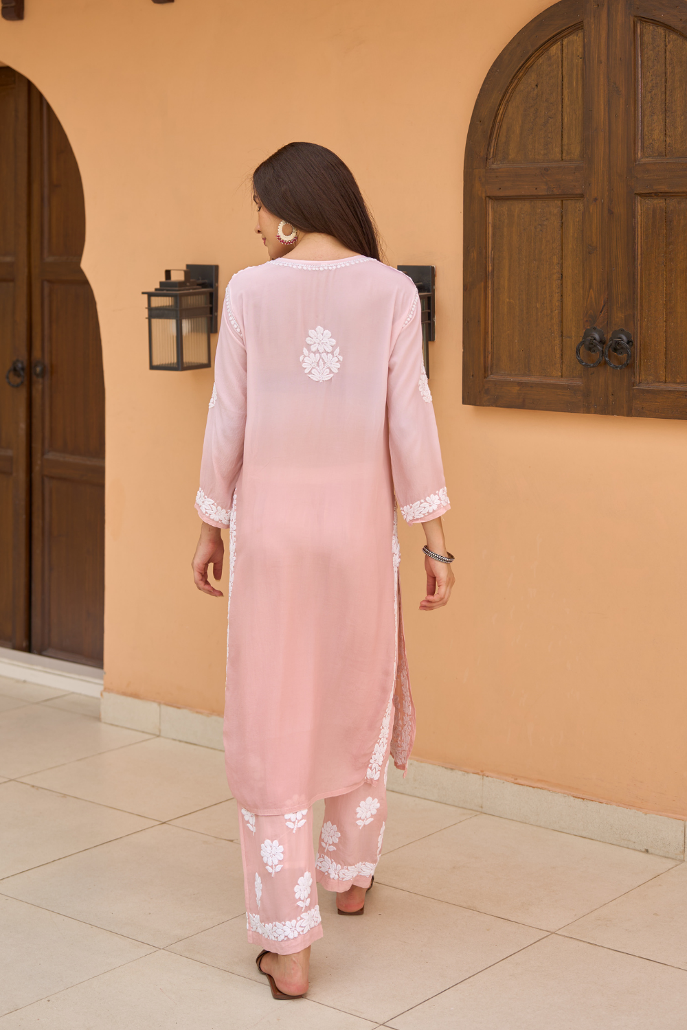 Nisha Straight Kurti Crepe Chikankari Set - Coral Ombre