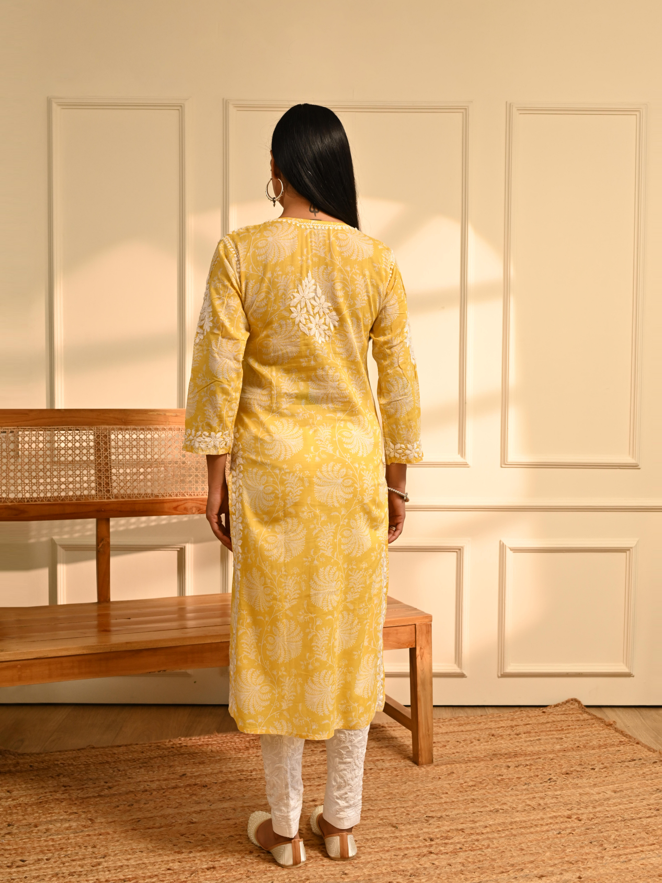 Amna Mul Cotton Printed Chikankari Kurti - Yellow