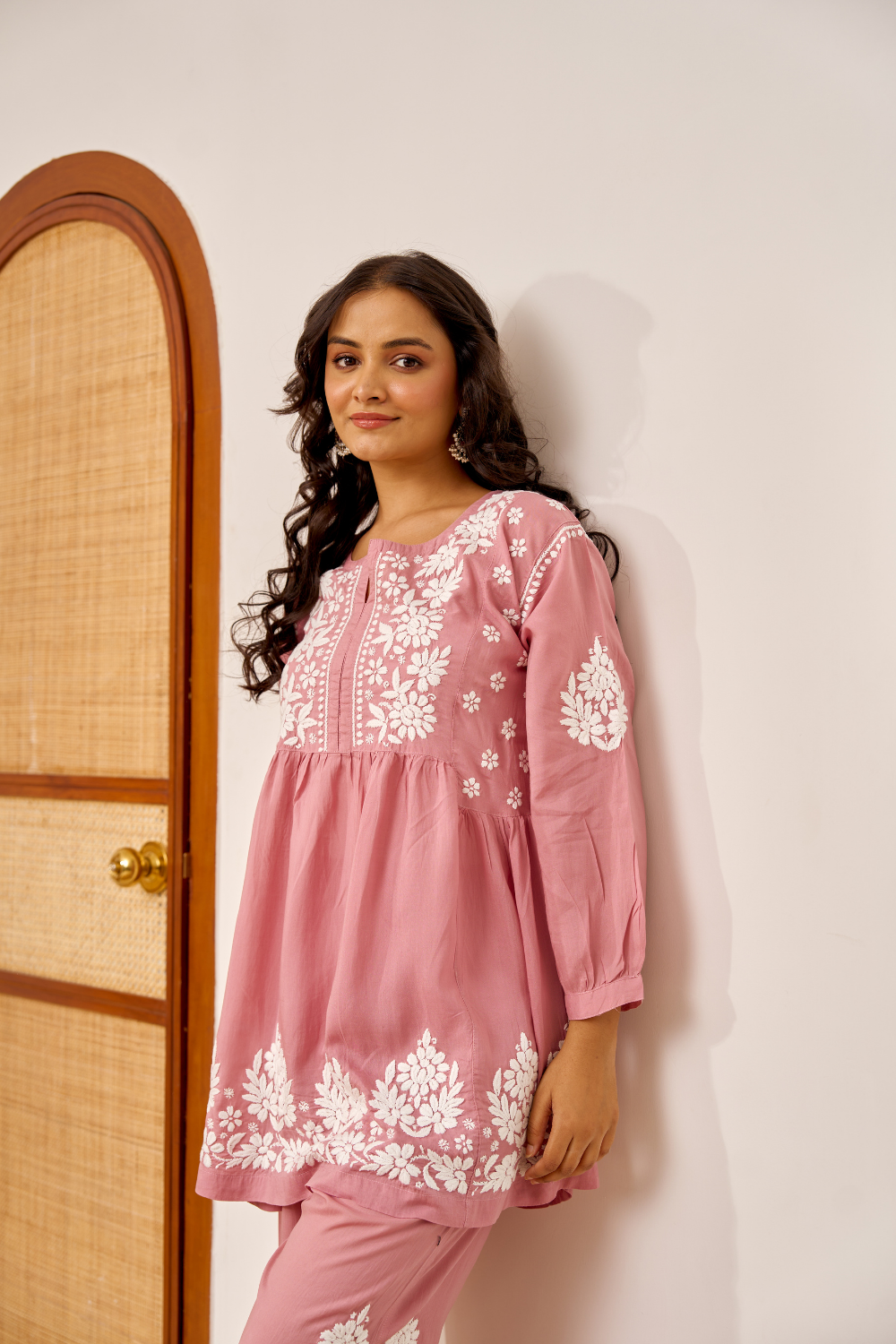 Rubaab Modal Cotton Chikankari Set - Rose Pink