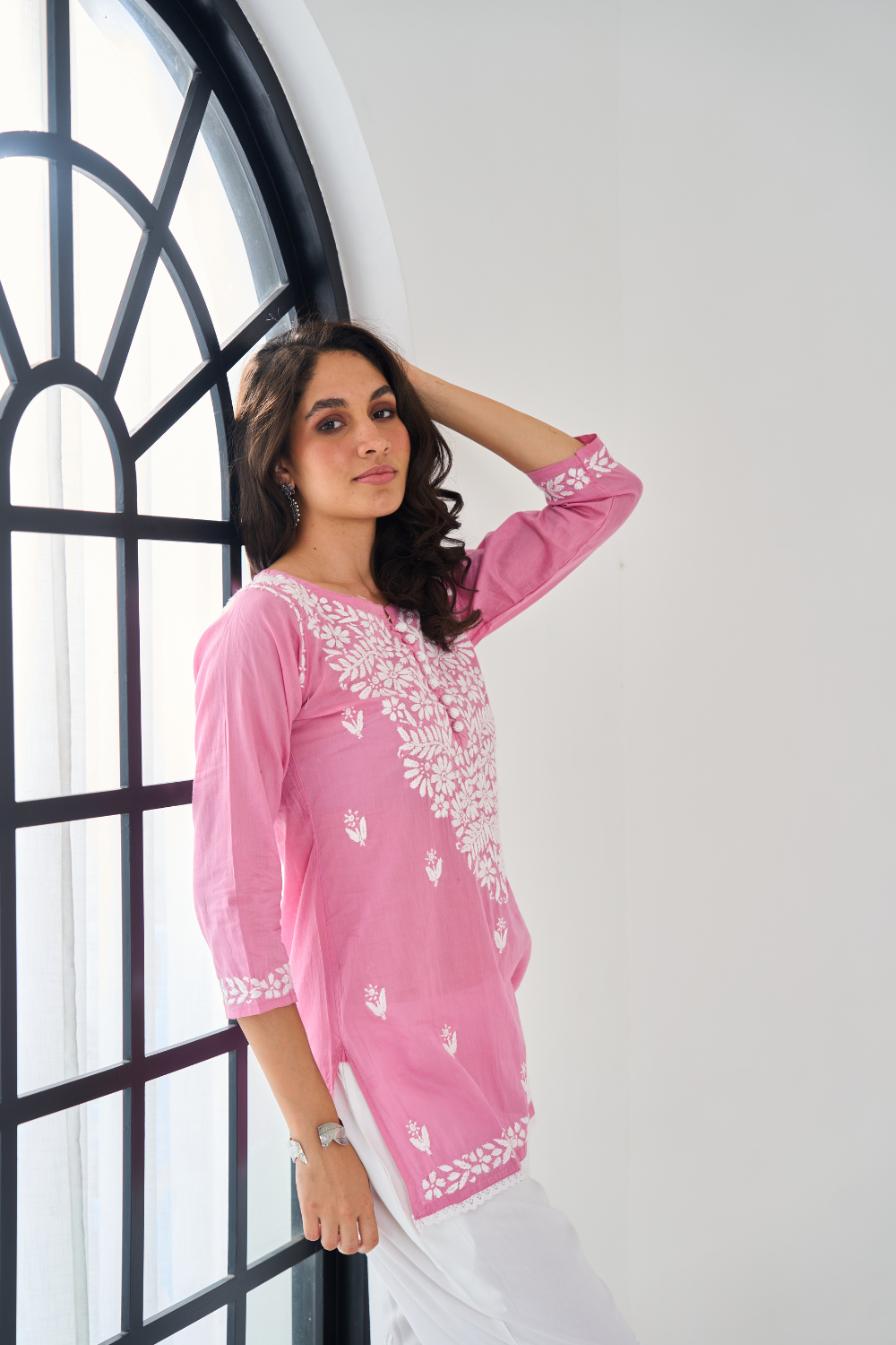 Nazia Mul Cotton Short Chikankari Top - Dark Pink