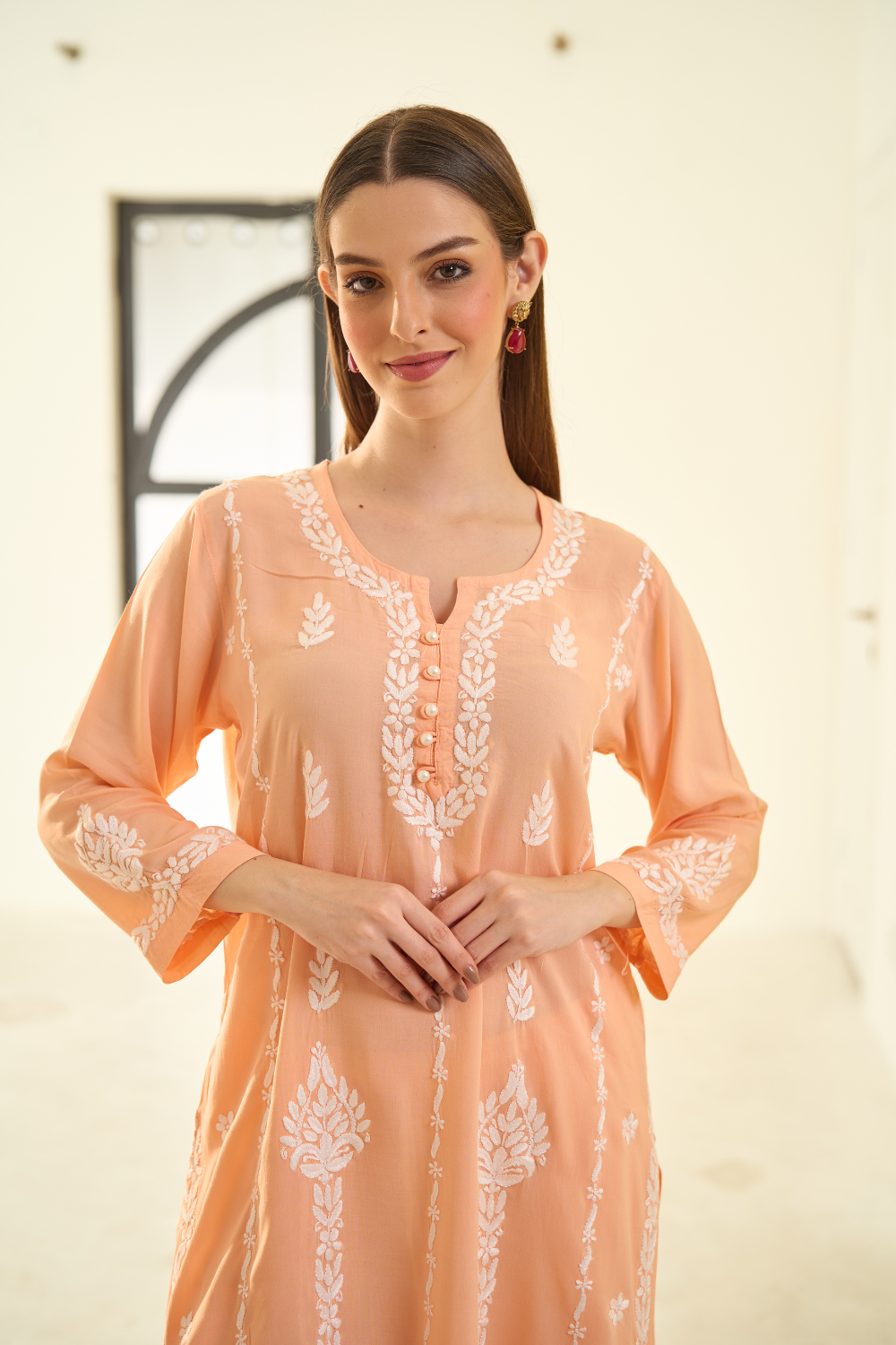 Rumi Modal Cotton Chikankari Set - Coral