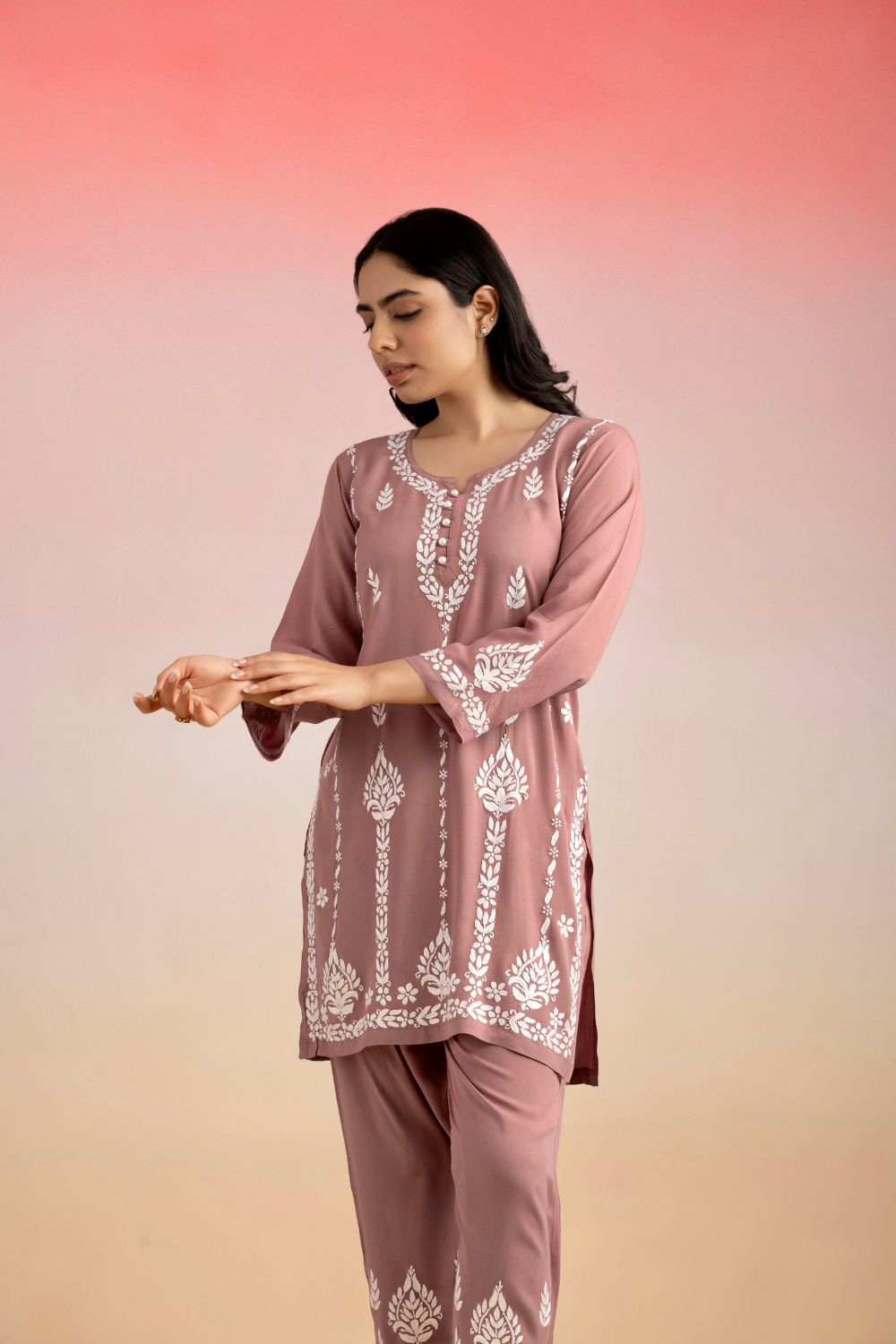 Rumi Modal Cotton Chikankari Set - Dusty Pink