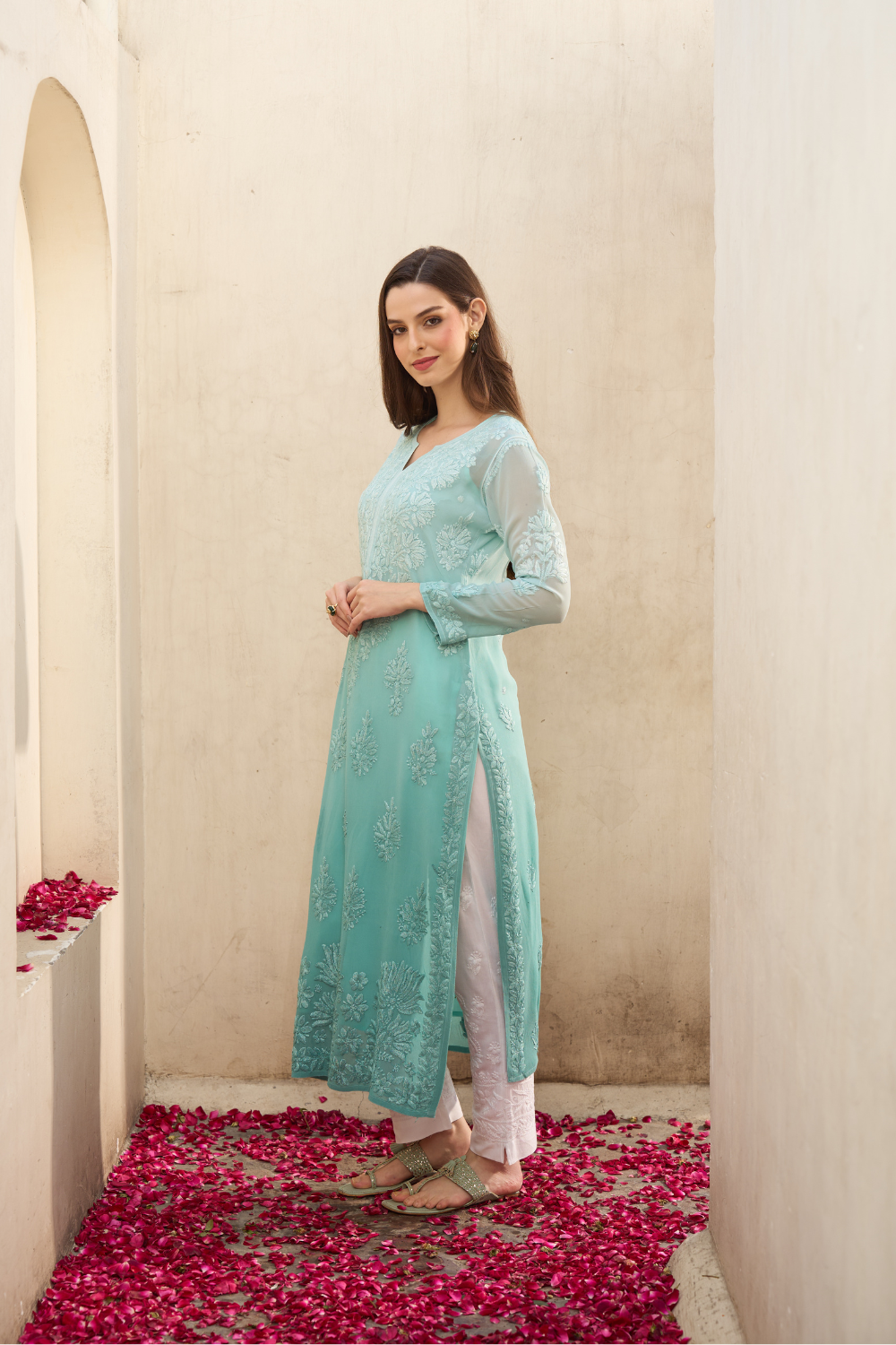 Tahira Viscose Chikankari Kurti - Dark Sea Green Ombré