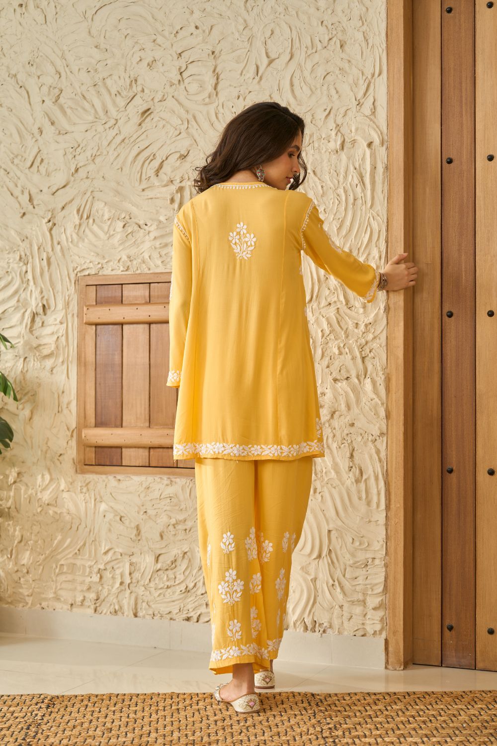 Saba Modal Cotton Chikankari Short Kurti Set - Yellow