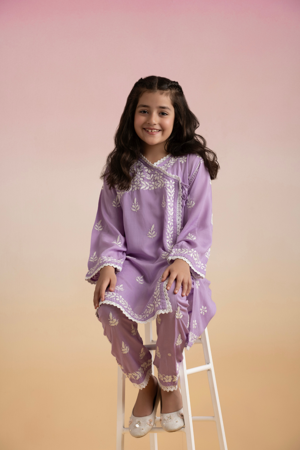 Khushi Kids Modal Angrakha Chikankari Set - Lilac