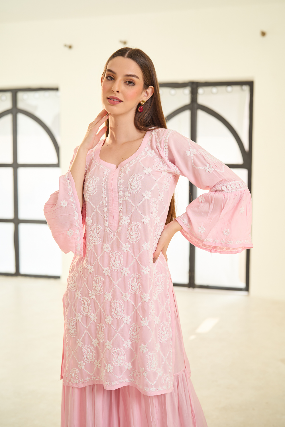 Naaz Modal Chikankari Garara Set - Pink