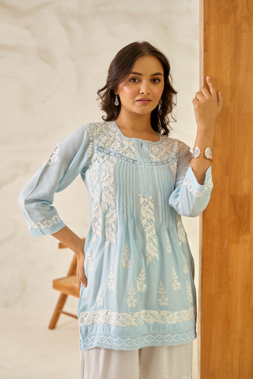 Adara Modal Cotton Chikankari Lace Short Top - Blue