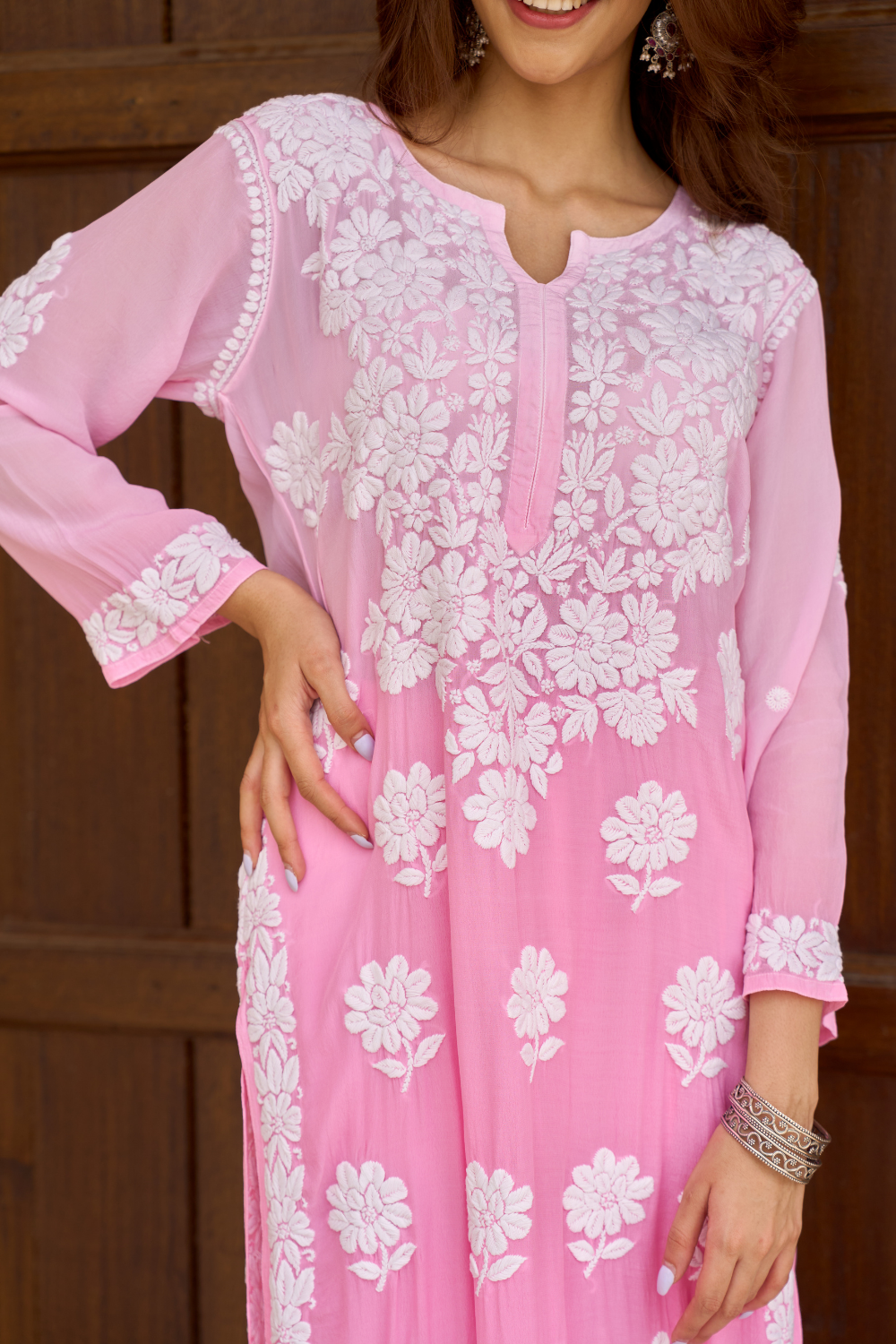 Nisha Straight Kurti Crepe Chikankari Set - Pink Ombre