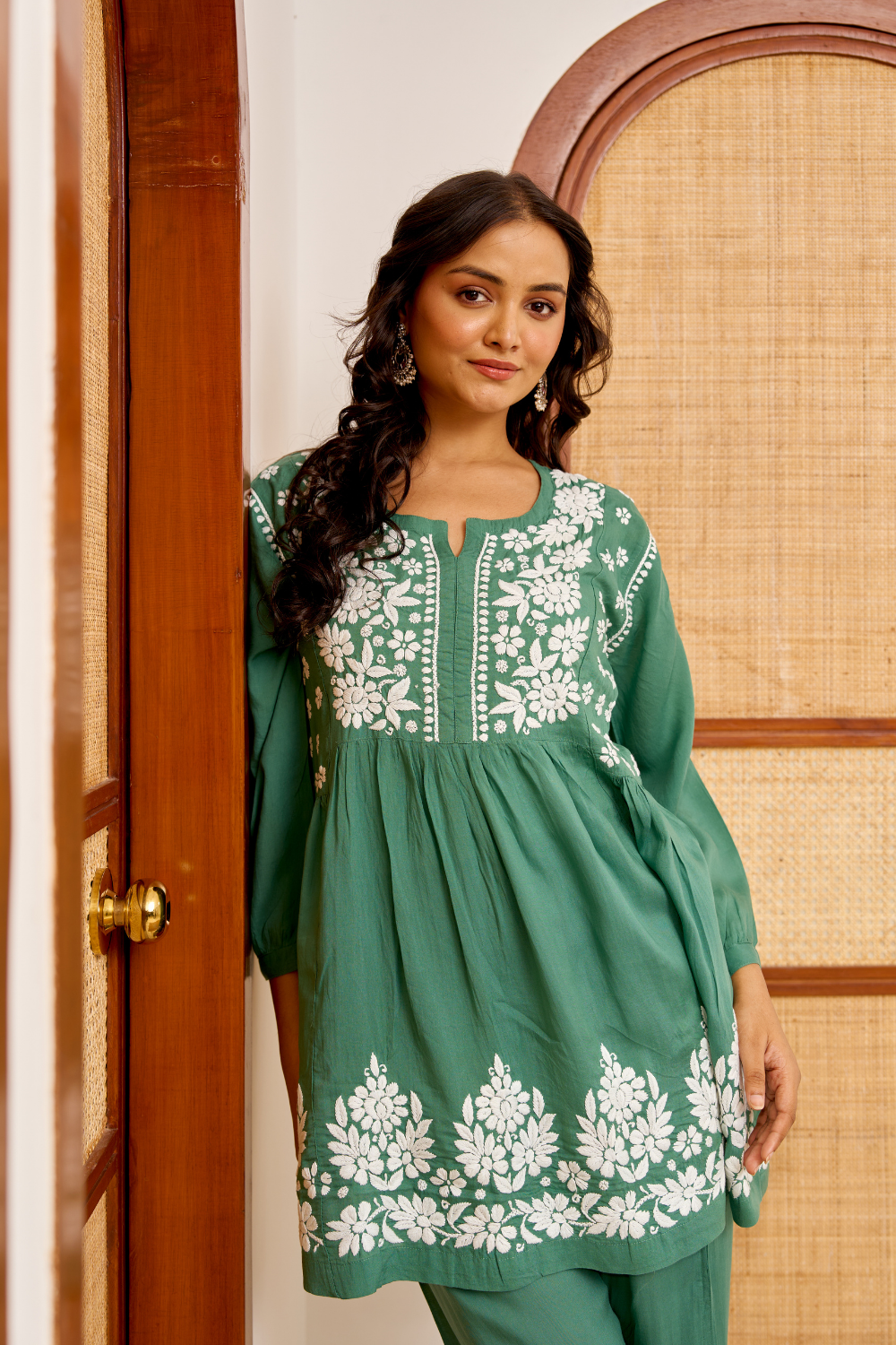 Rubaab Modal Cotton Chikankari Set - Dark Green