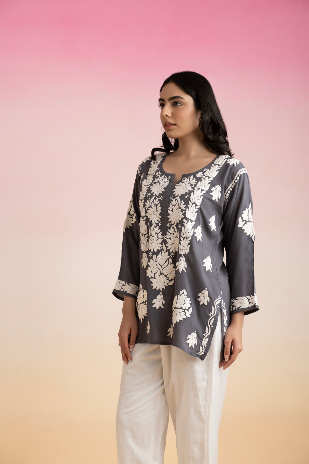 Nuri Modal Chikankari Short Top - Grey