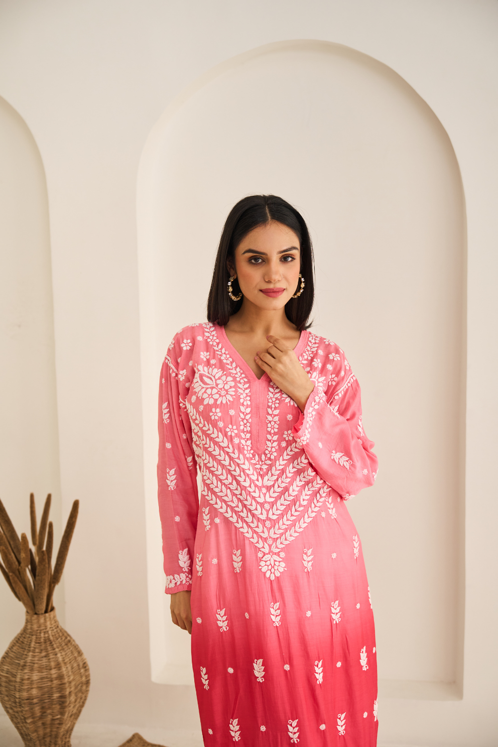 Naina Muslin Chikankari Kurti - Dark Pink Ombré