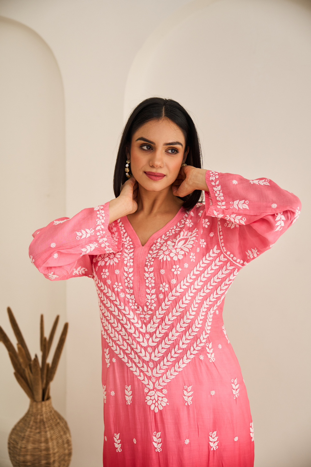 Naina Muslin Chikankari Kurti - Dark Pink Ombré