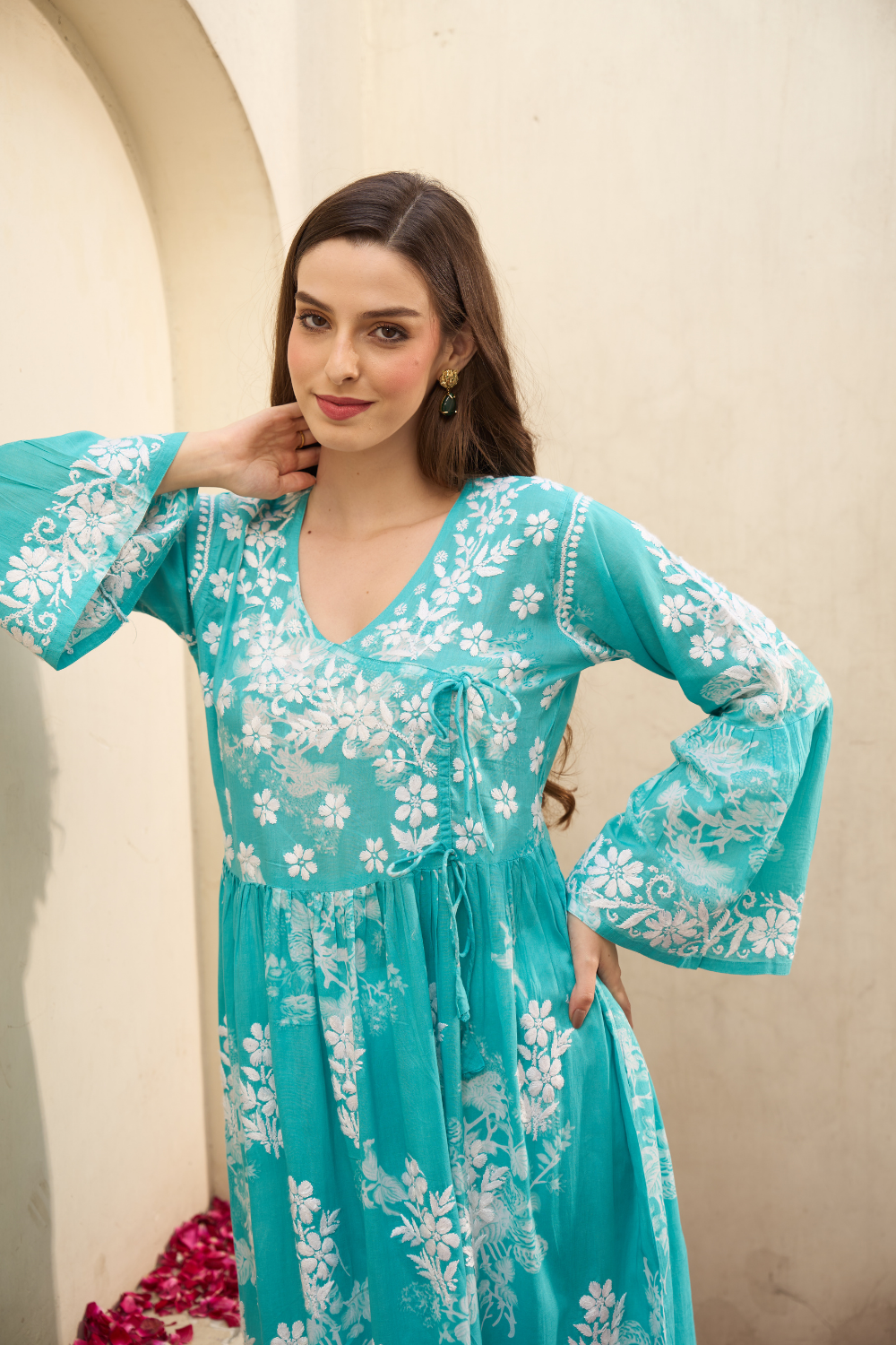 Pakeezah Printed Mulmul Cotton Chikankari Angrakha - Blue