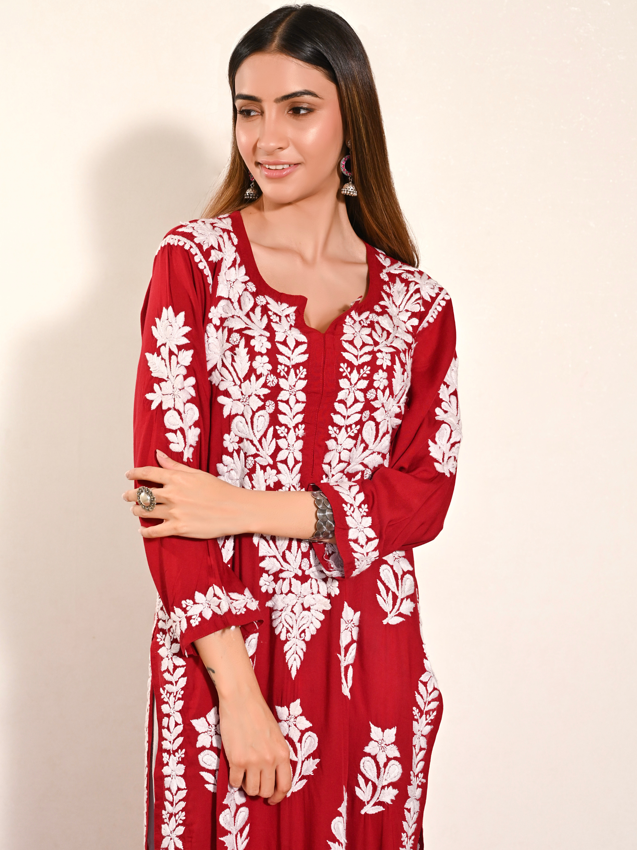 Sameena Modal Cotton Chikankari Kurti - Maroon