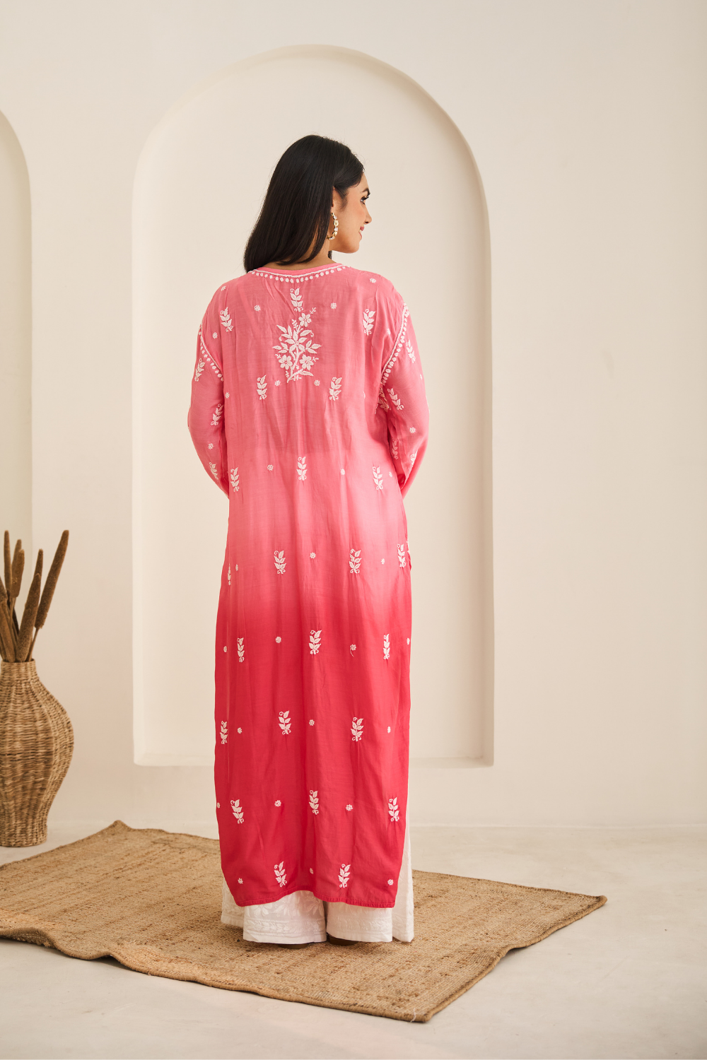 Naina Muslin Chikankari Kurti - Dark Pink Ombré