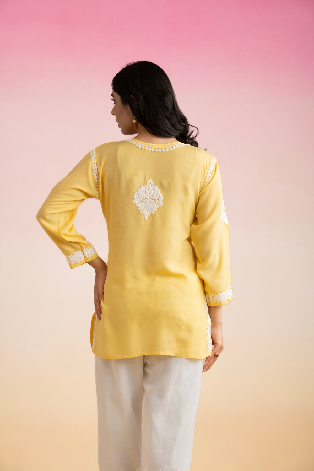 Nuri Modal Chikankari Short Top - Yellow