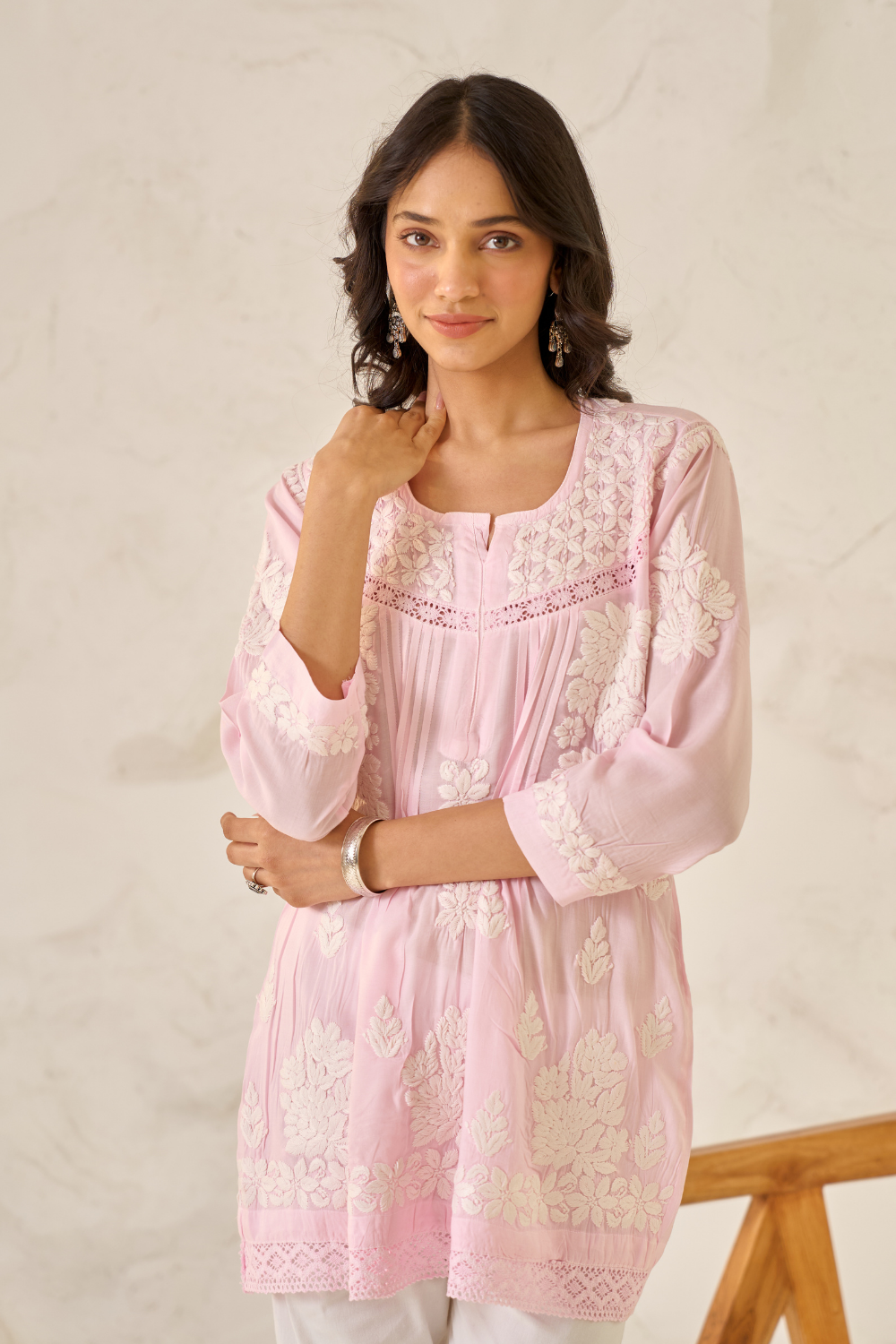 Adara Modal Cotton Chikankari Lace Short Top - Pink