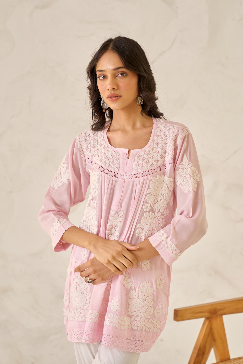 Adara Modal Cotton Chikankari Lace Short Top - Pink