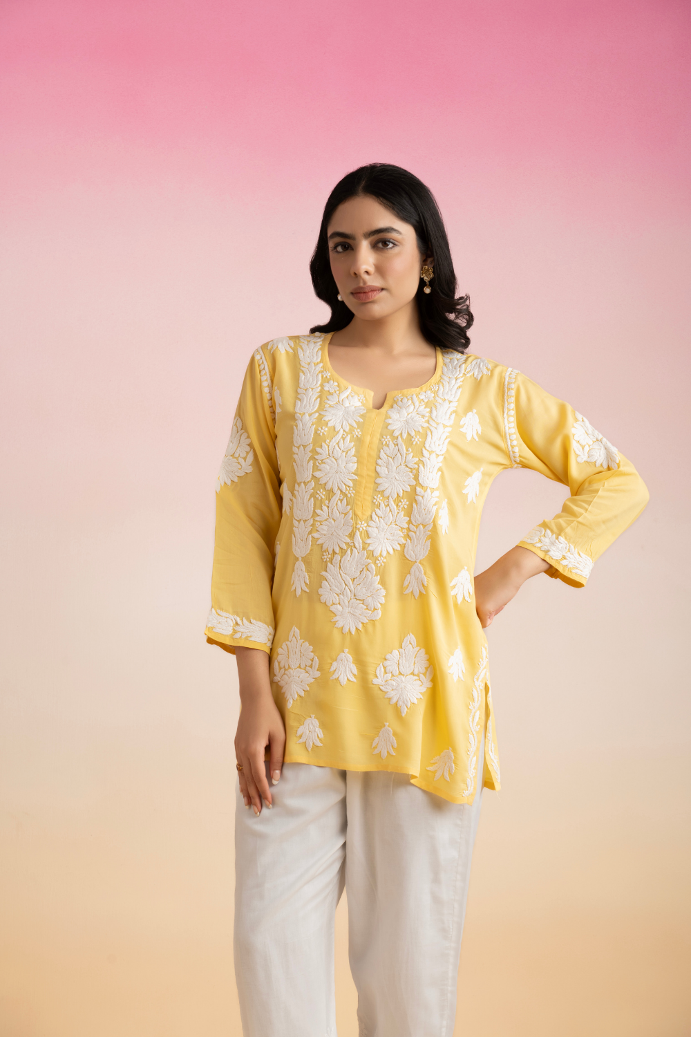 Nuri Modal Chikankari Short Top - Yellow