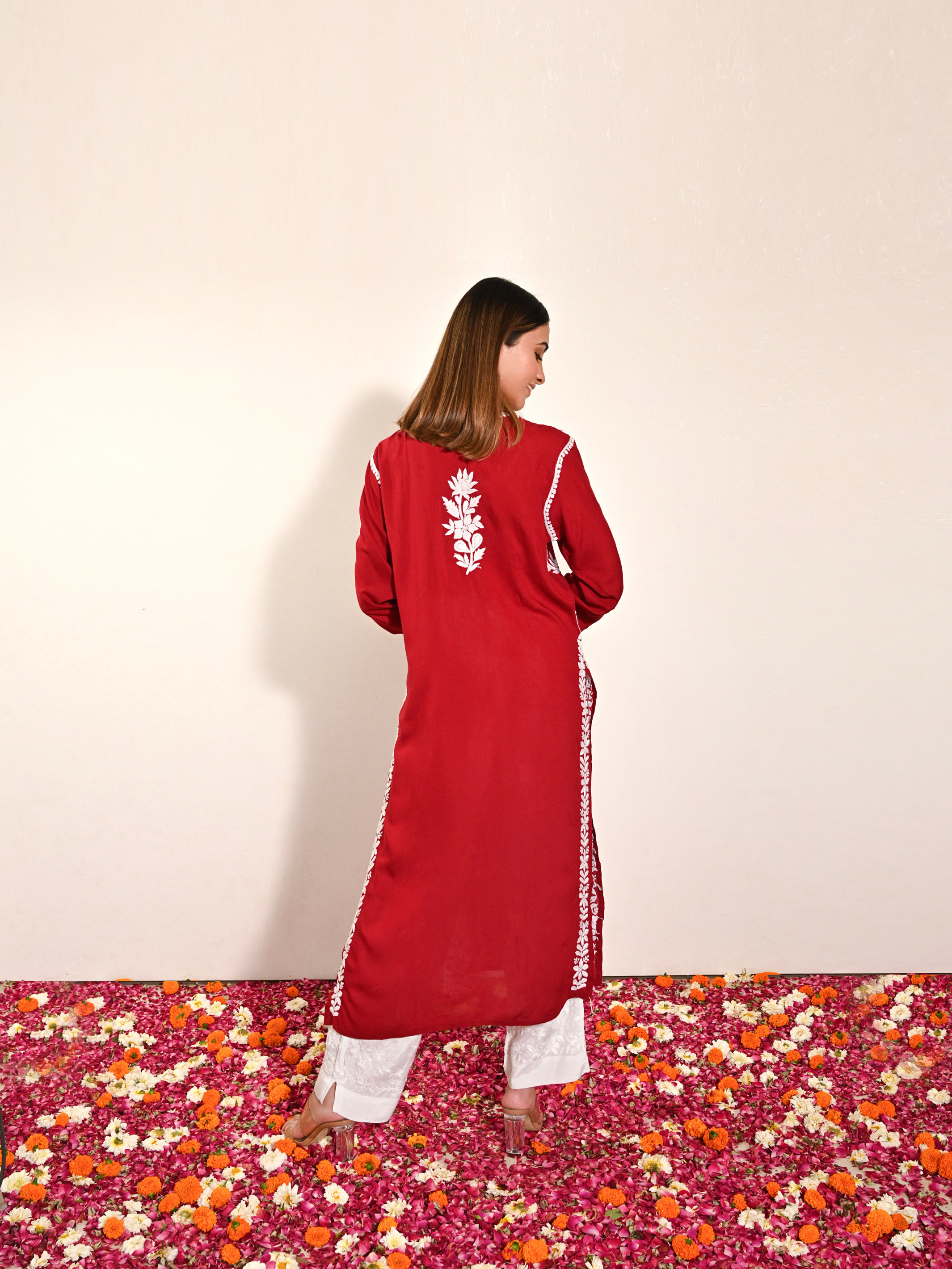 Sameena Modal Cotton Chikankari Kurti - Maroon