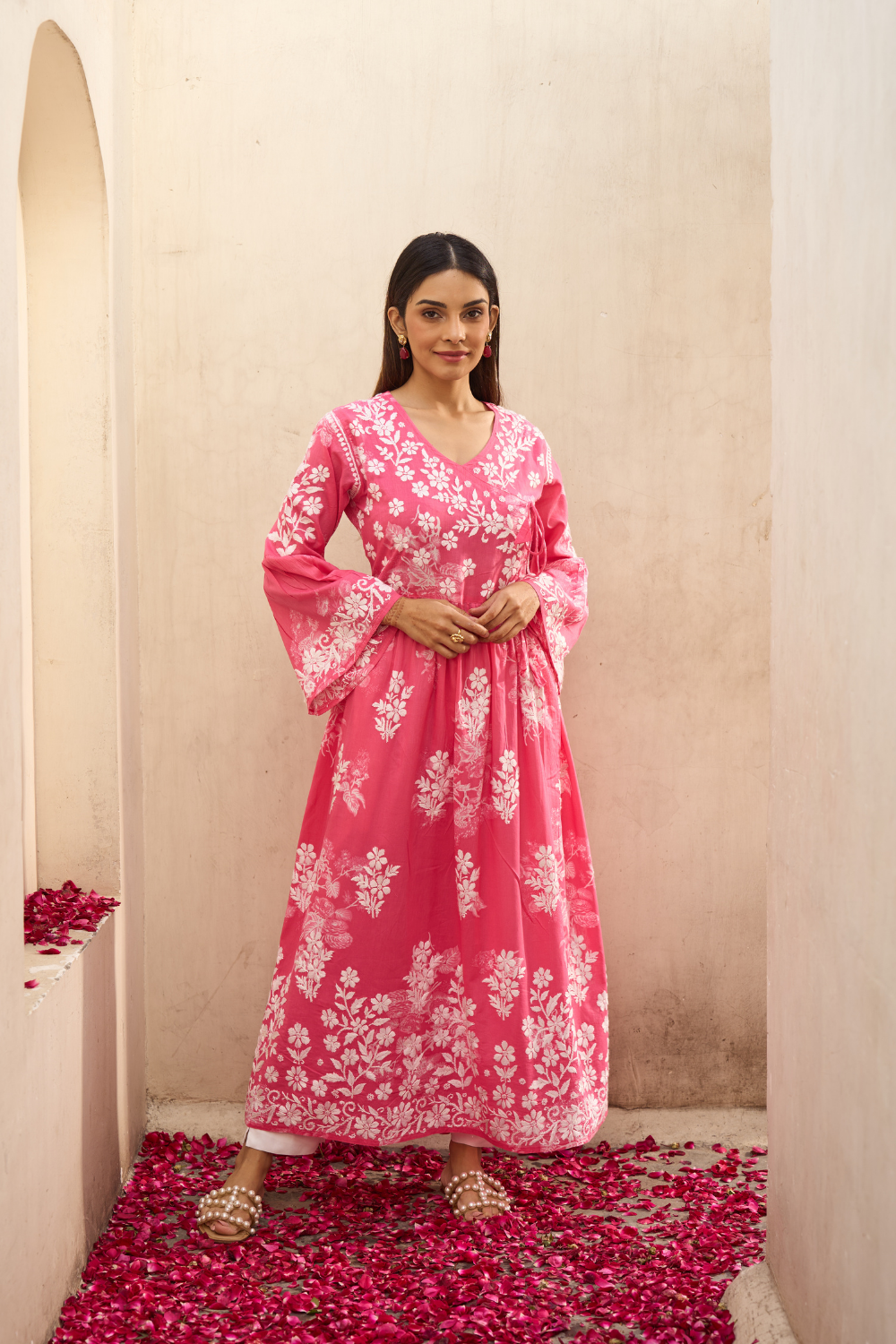 Pakeezah Printed Mulmul Cotton Chikankari Angrakha - Pink