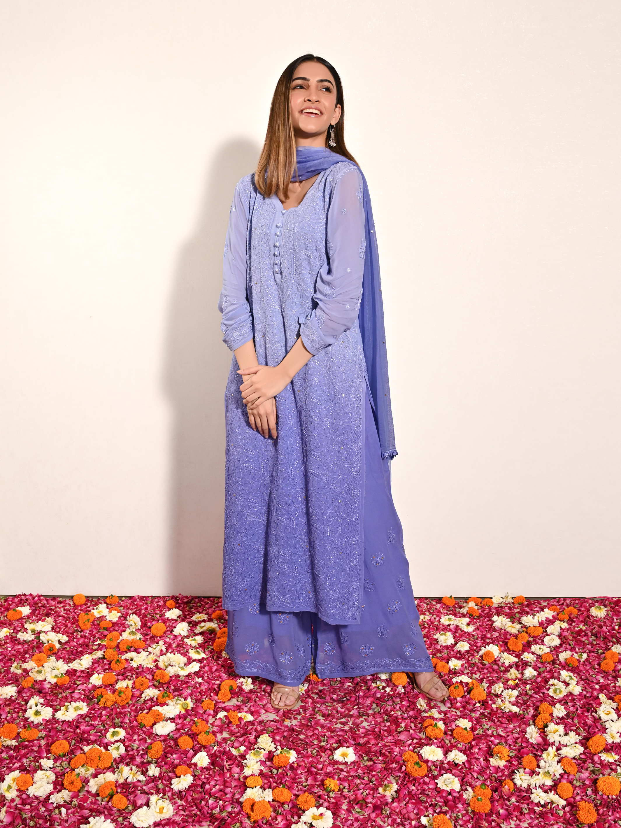 Samreen Viscose Straight Kurti Mokaish Chikankari Set - Lavender Ombré