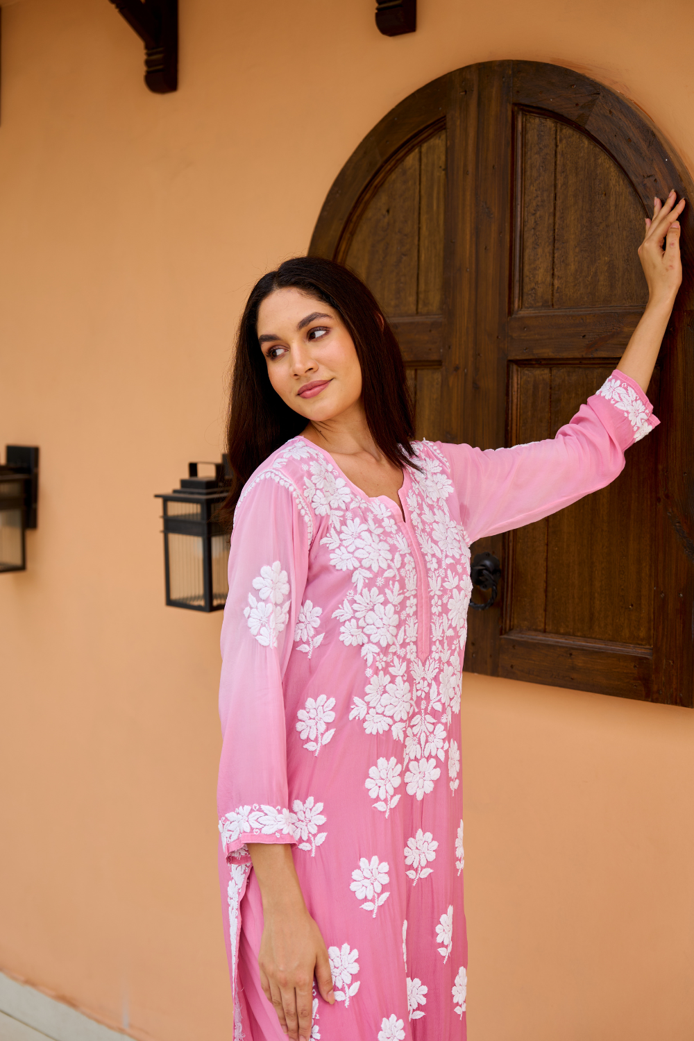 Nisha Straight Kurti Crepe Chikankari Set - Rose Pink Ombre