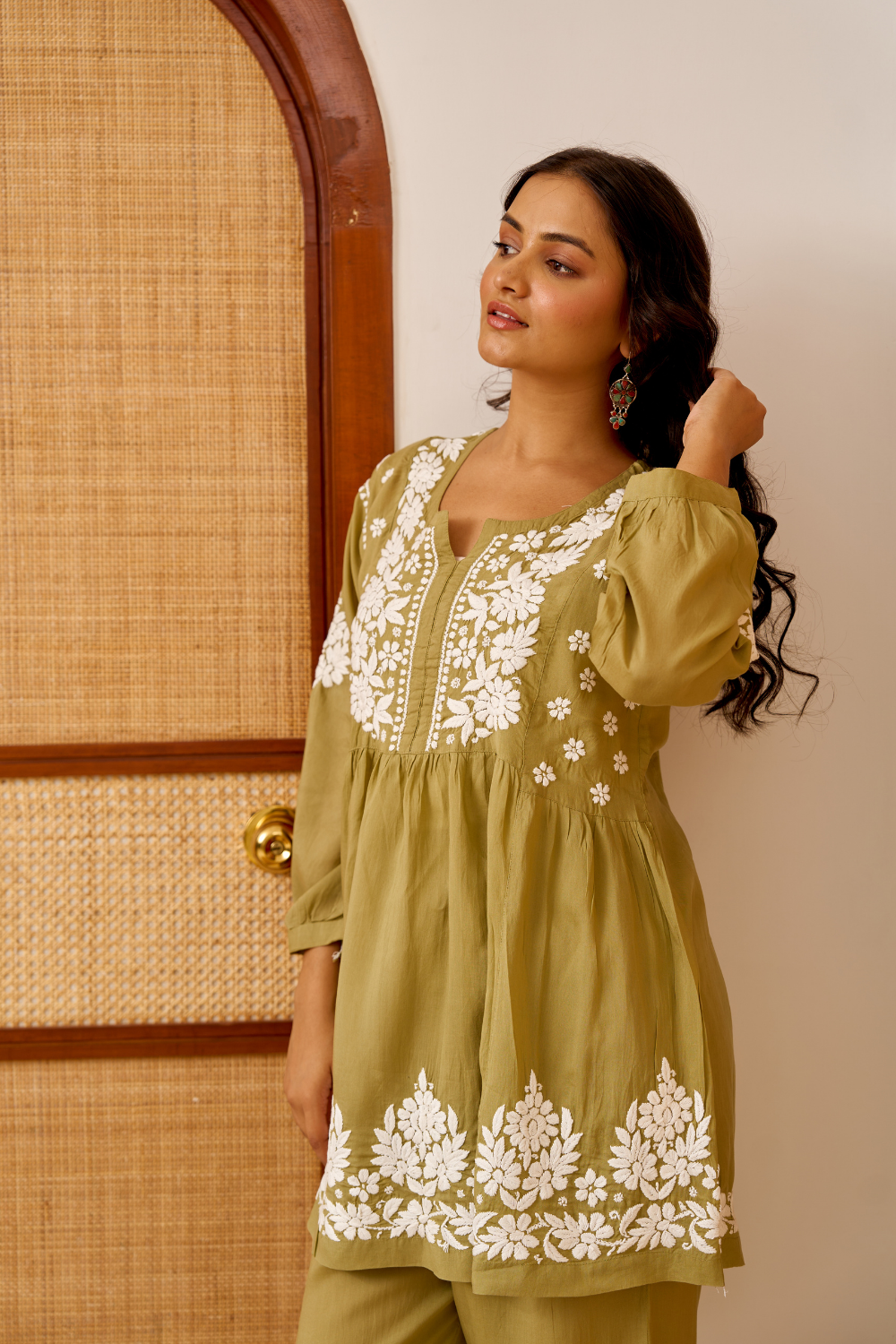 Rubaab Modal Cotton Chikankari Set - Olive Green