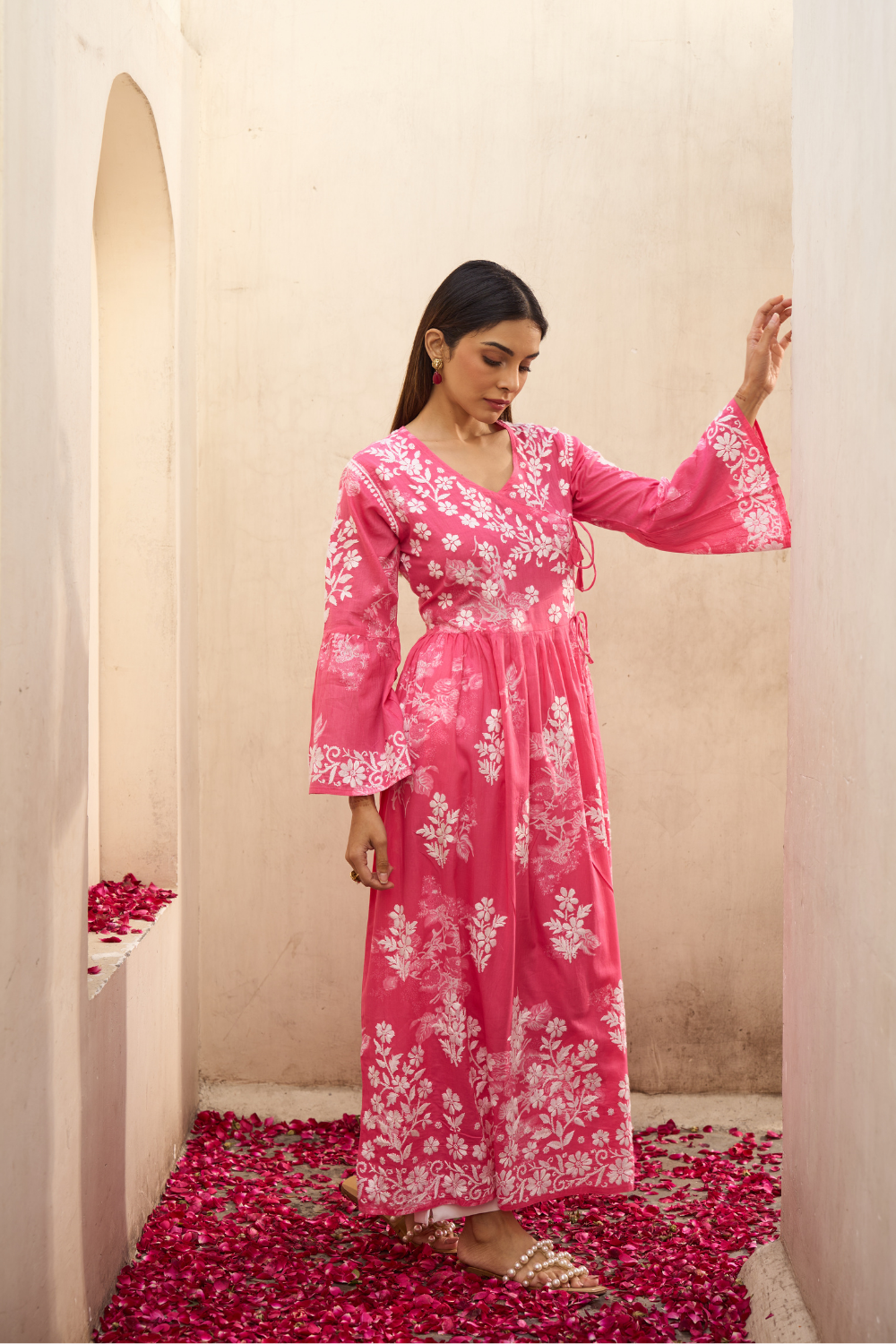 Pakeezah Printed Mulmul Cotton Chikankari Angrakha - Pink