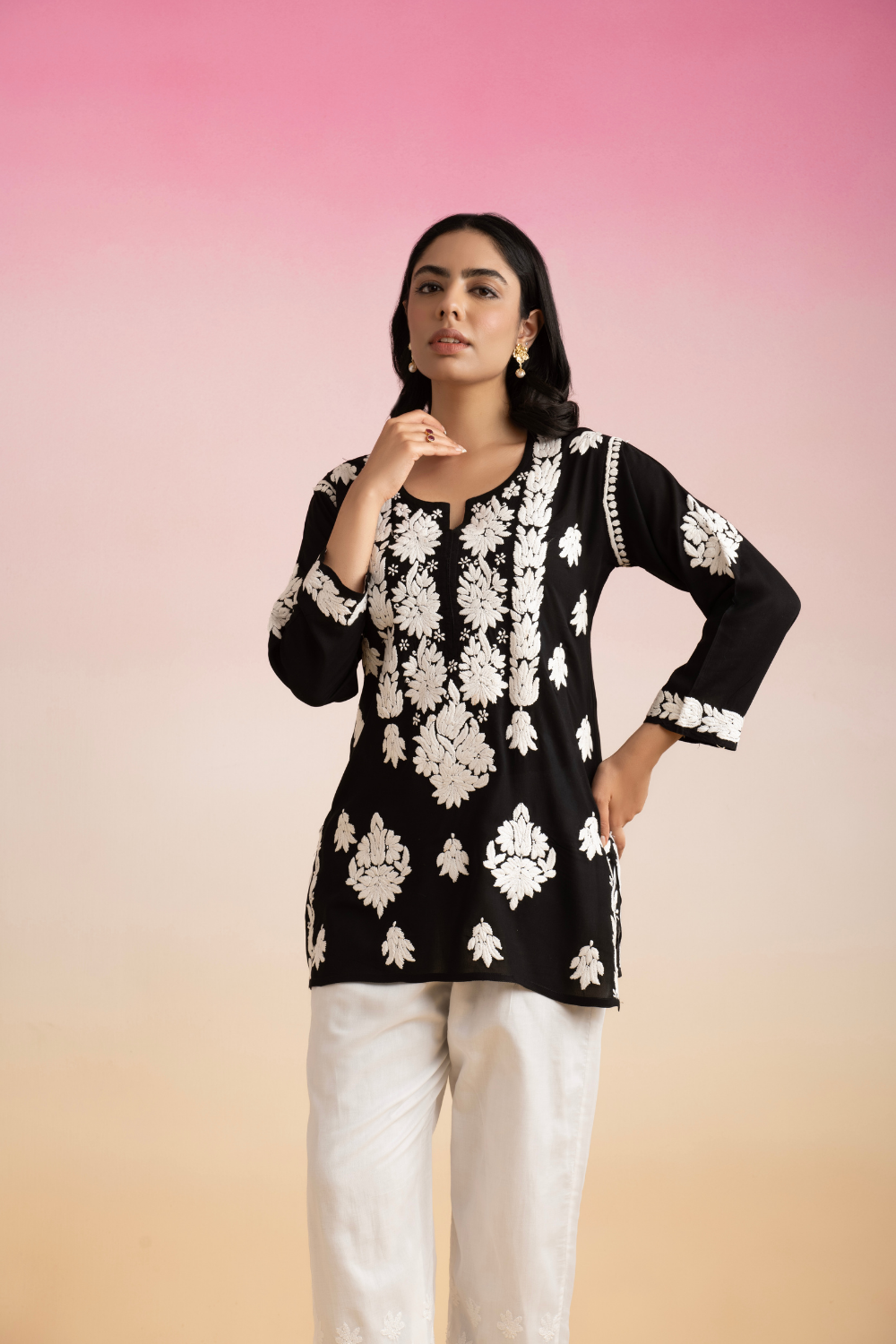 Nuri Modal Chikankari Short Top - Black