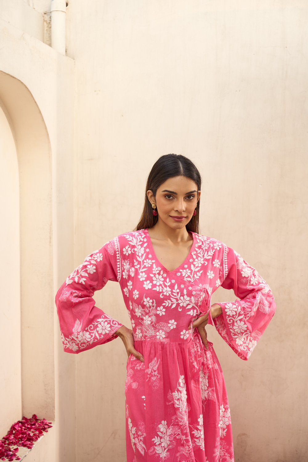 Pakeezah Printed Mulmul Cotton Chikankari Angrakha - Pink