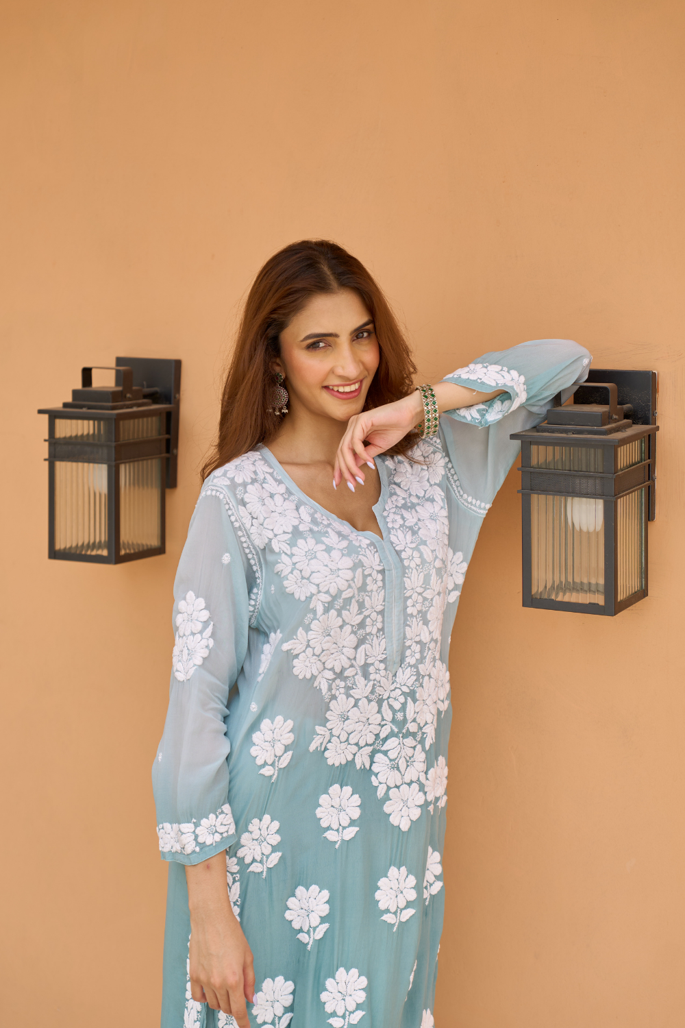 Nisha Straight Kurti Crepe Chikankari Set - Sea Green Ombre