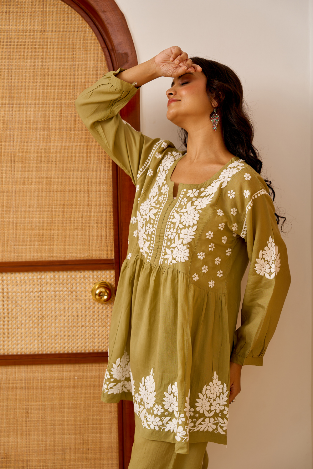 Rubaab Modal Cotton Chikankari Set - Olive Green