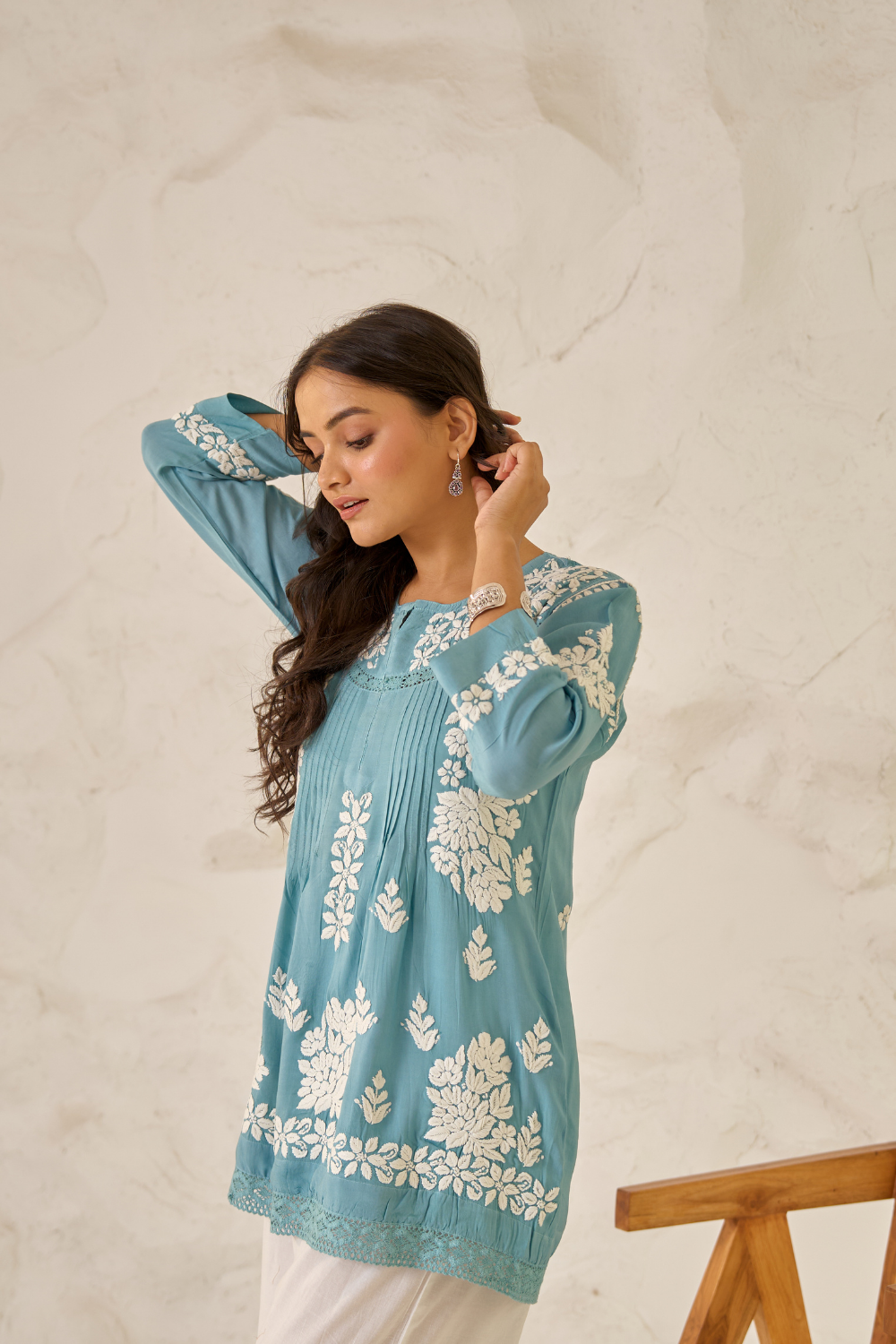 Adara Modal Cotton Chikankari Lace Short Top - Aqua Blue