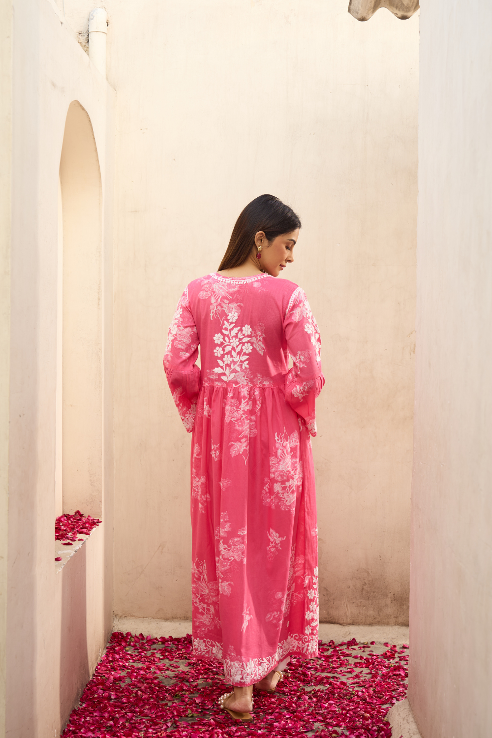 Pakeezah Printed Mulmul Cotton Chikankari Angrakha - Pink